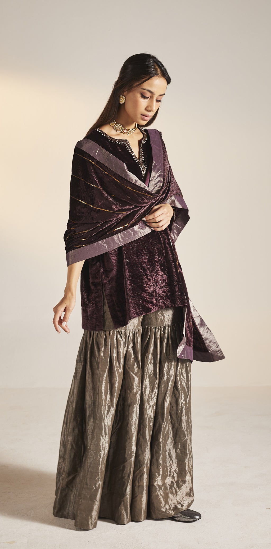 Mini Saifi in Wine Velvet with Sharara