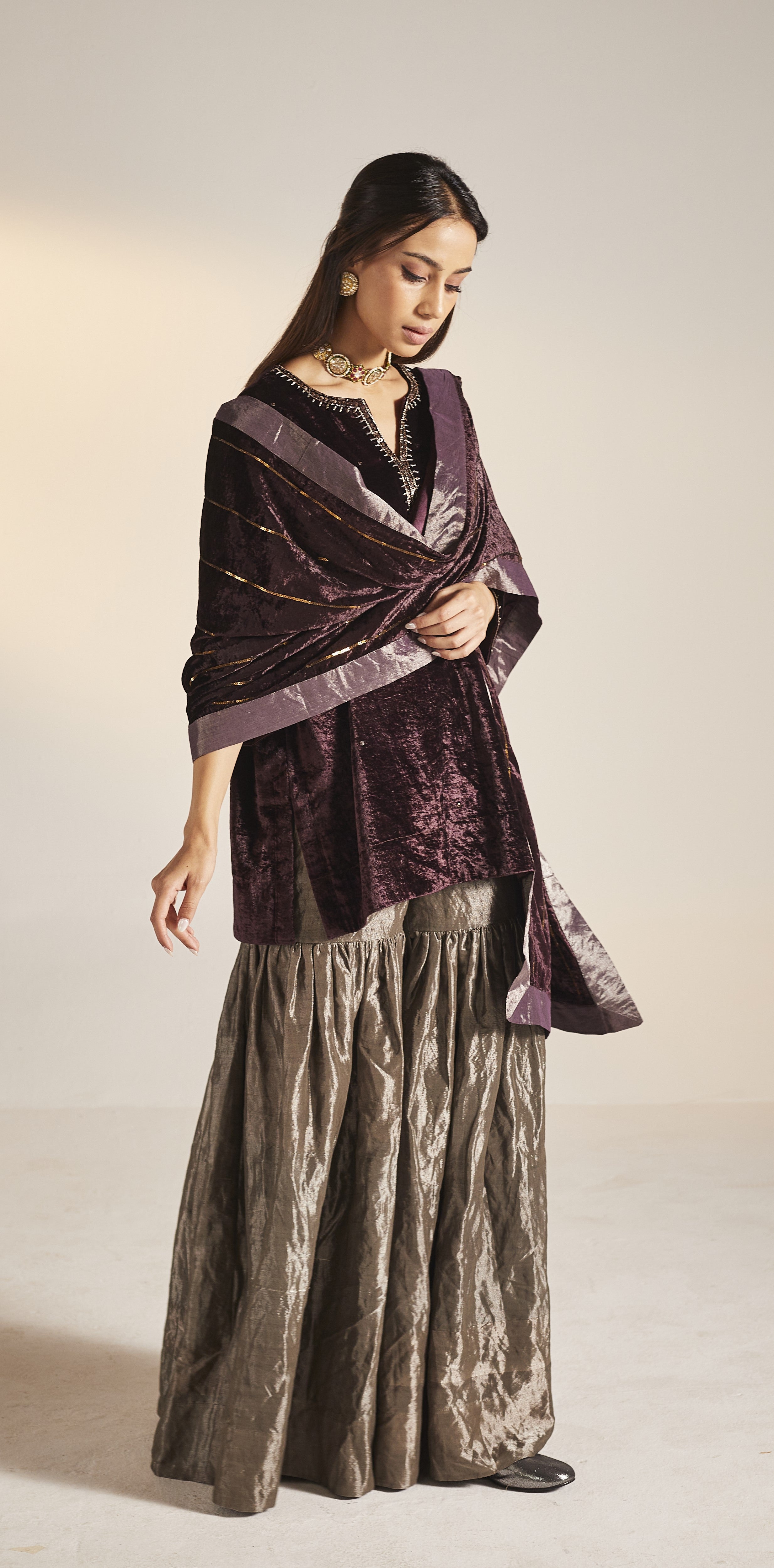 Mini Saifi in Wine Velvet with Sharara