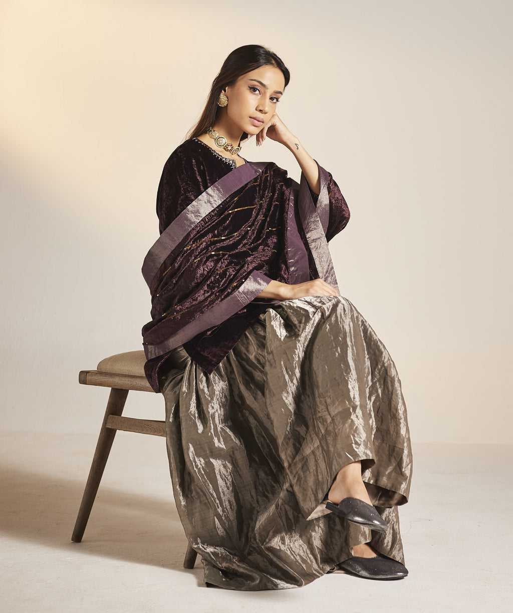 Mini Saifi in Wine Velvet with Sharara