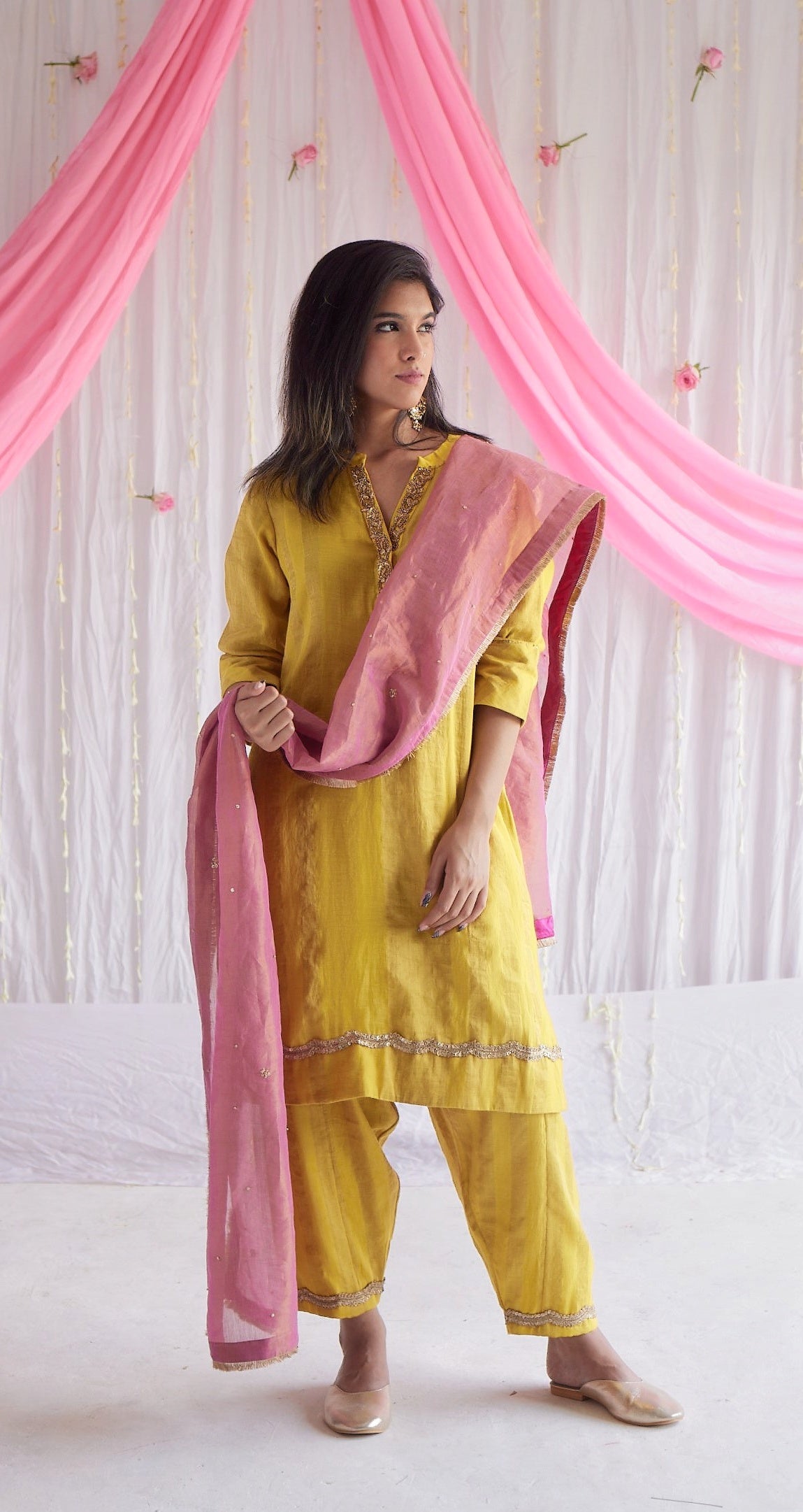Mini Kurta in Marigold Yellow Tissue Stripes Cotton with Shalwar and Dupatta
