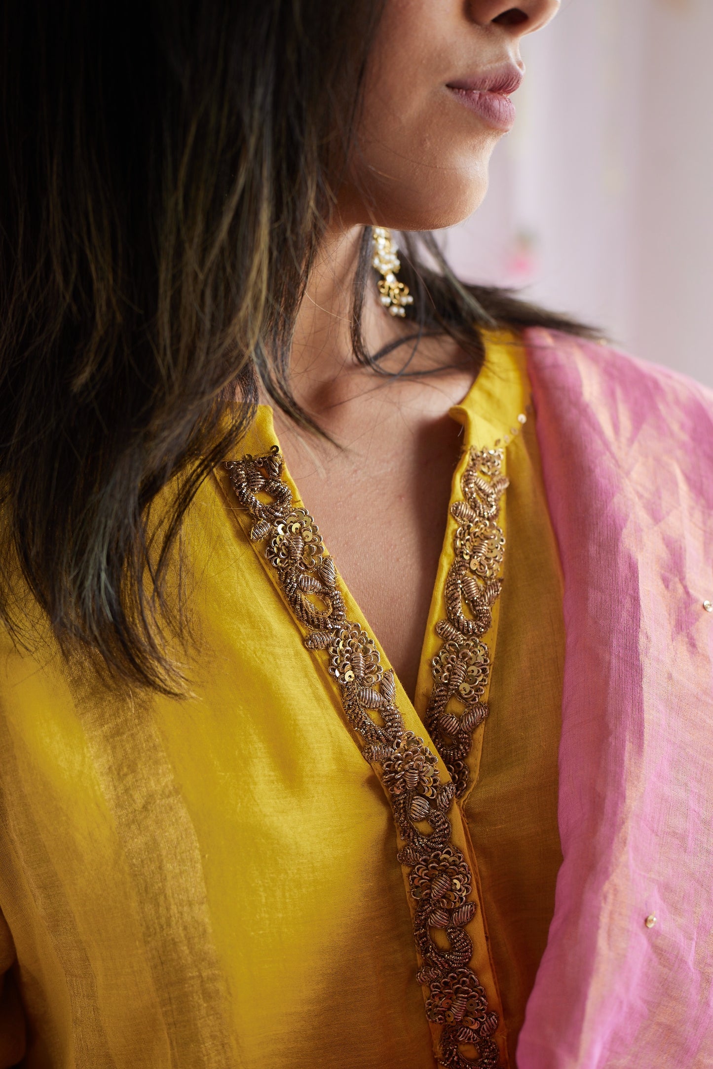 Mini Kurta in Marigold Yellow Tissue Stripes Cotton with Shalwar and Dupatta