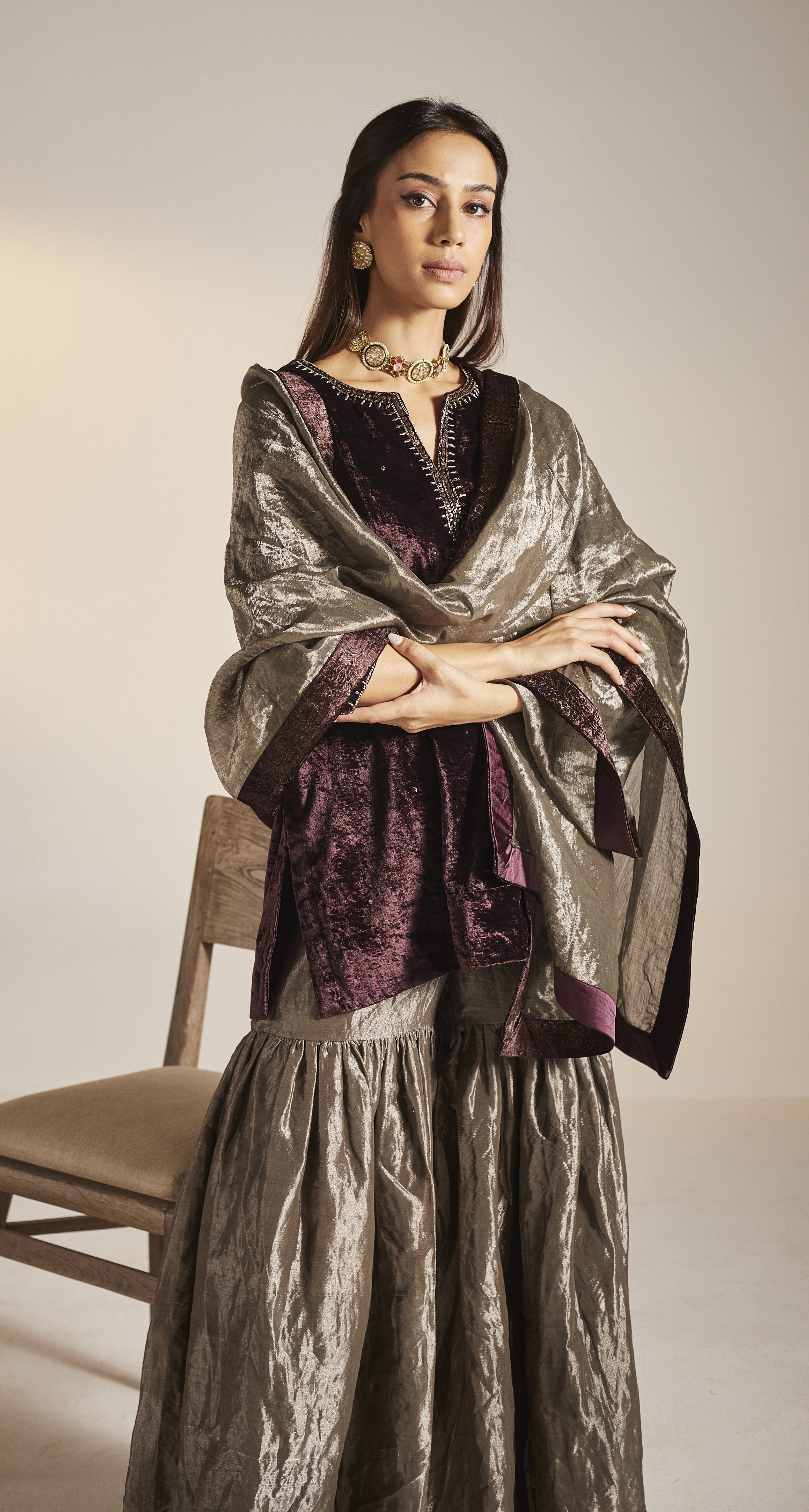 Mini Saifi in Wine Velvet with Sharara