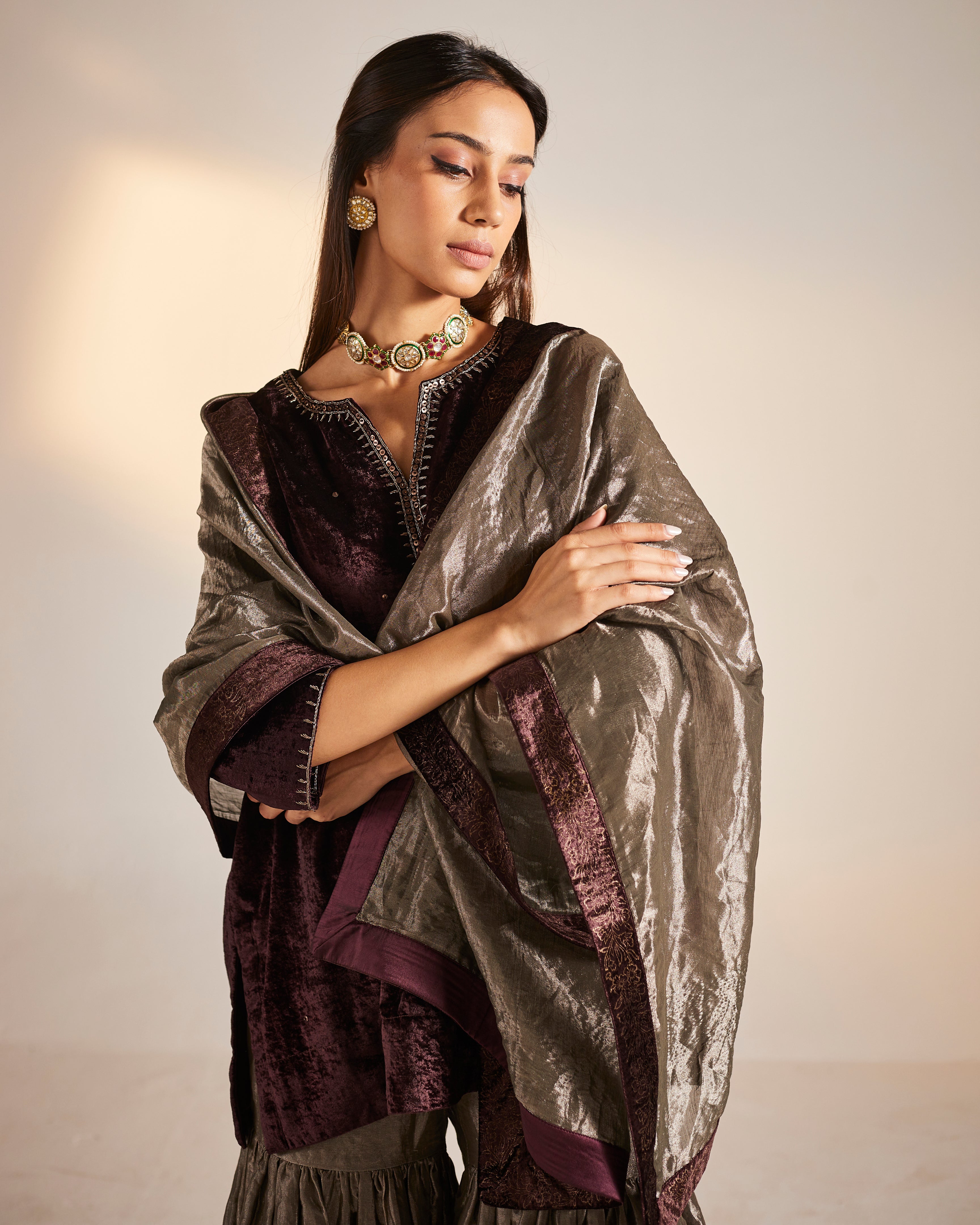 Mini Saifi in Wine Velvet with Sharara