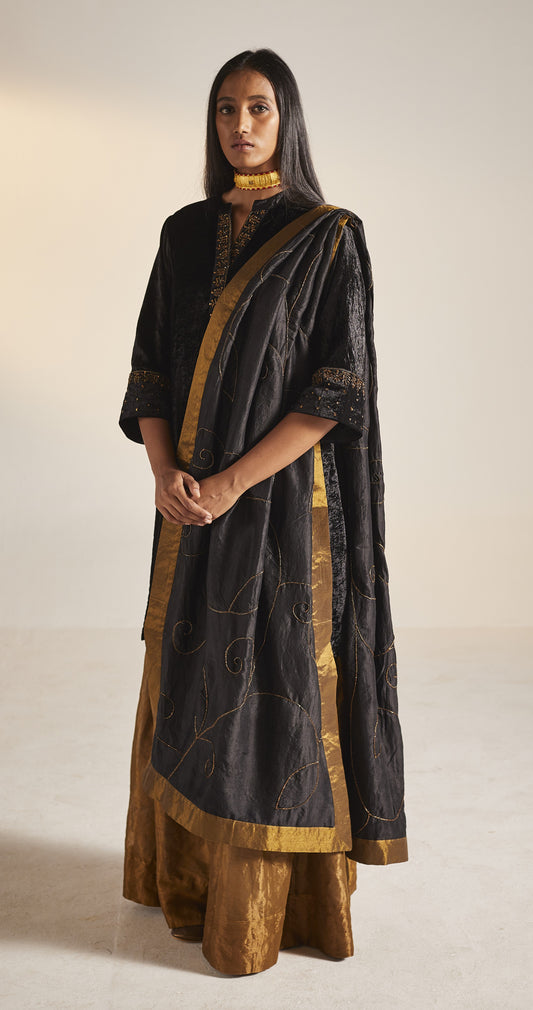 Mini Kurta in Black Velvet with Sharara