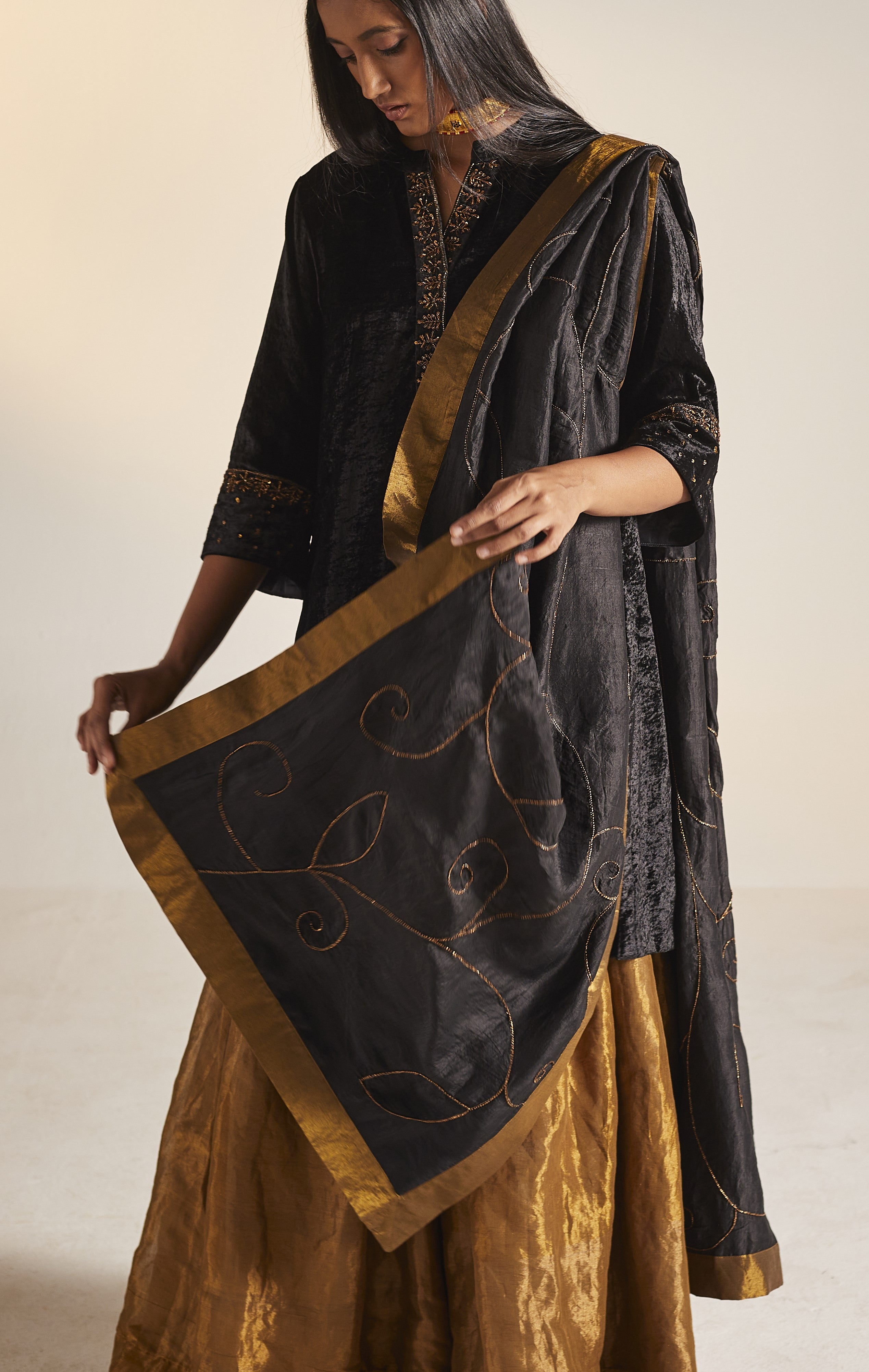 Dupatta in embroidered Black Mulberry Silk