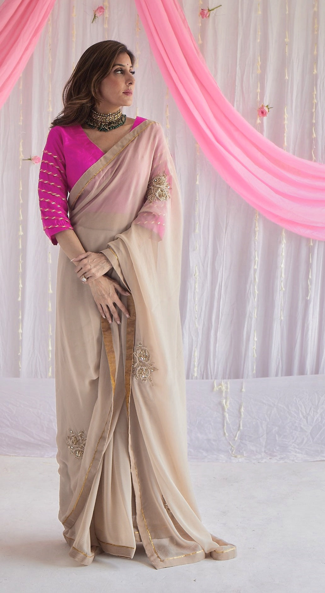 Sari in Pearl Beige Chiffon