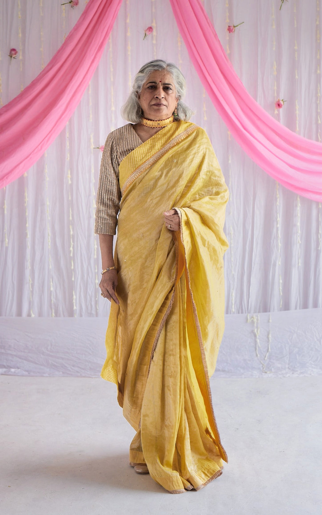 Sari in Marigold Yellow Tissue