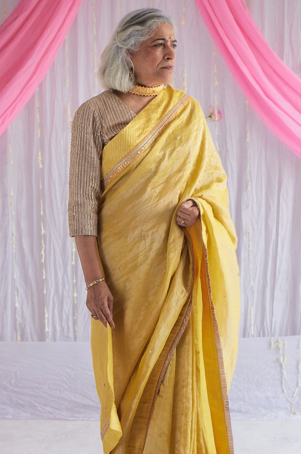 Sari in Marigold Yellow Tissue