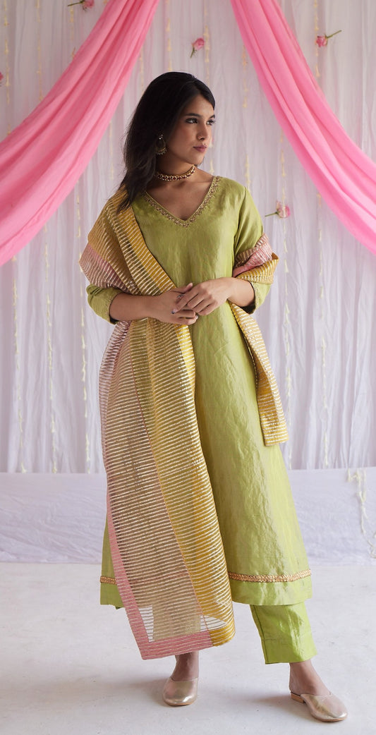 Anu Kurta in Citrus Green Tissue with Pants and Dupatta