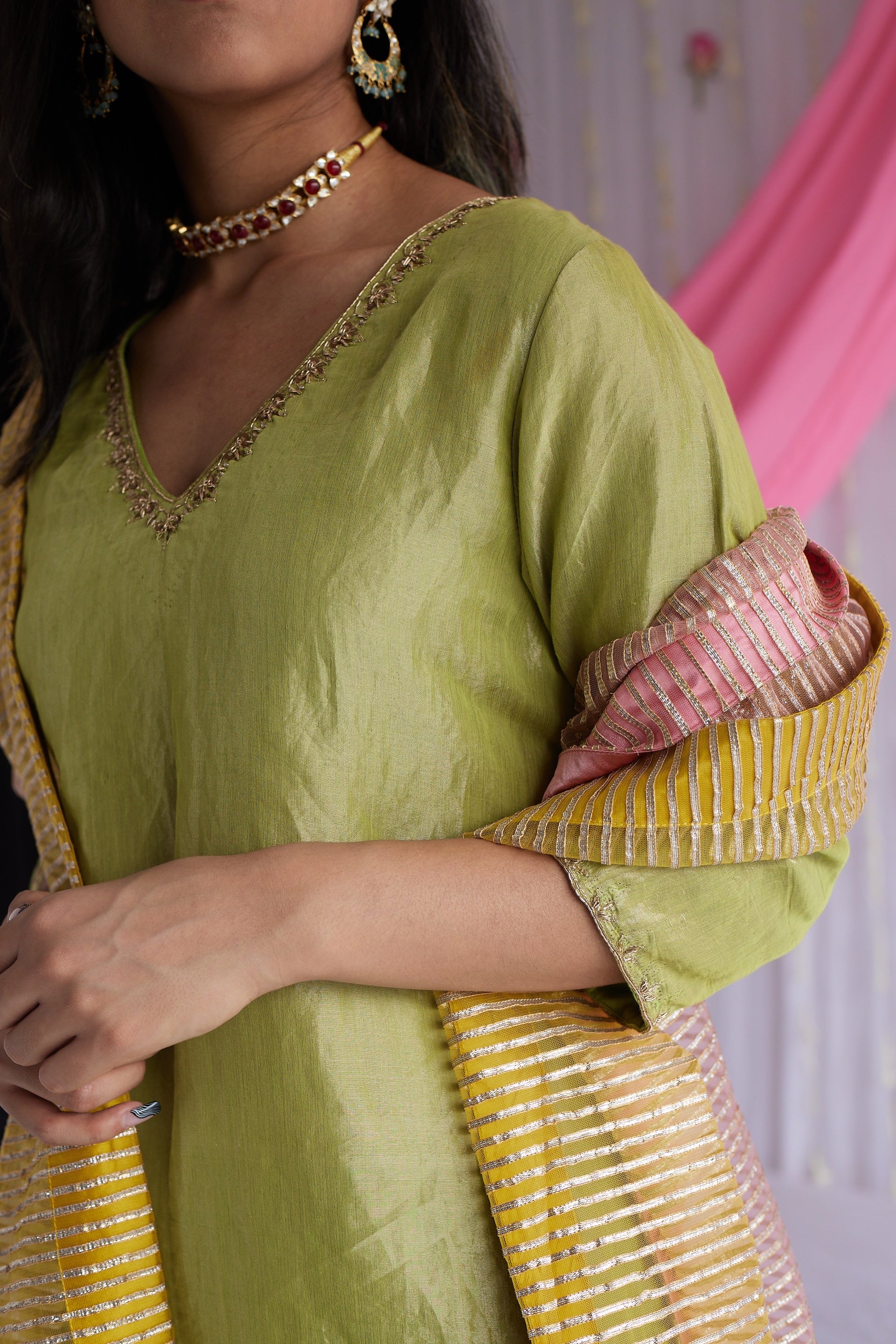 Anu Kurta in Citrus Green Tissue with Pants.