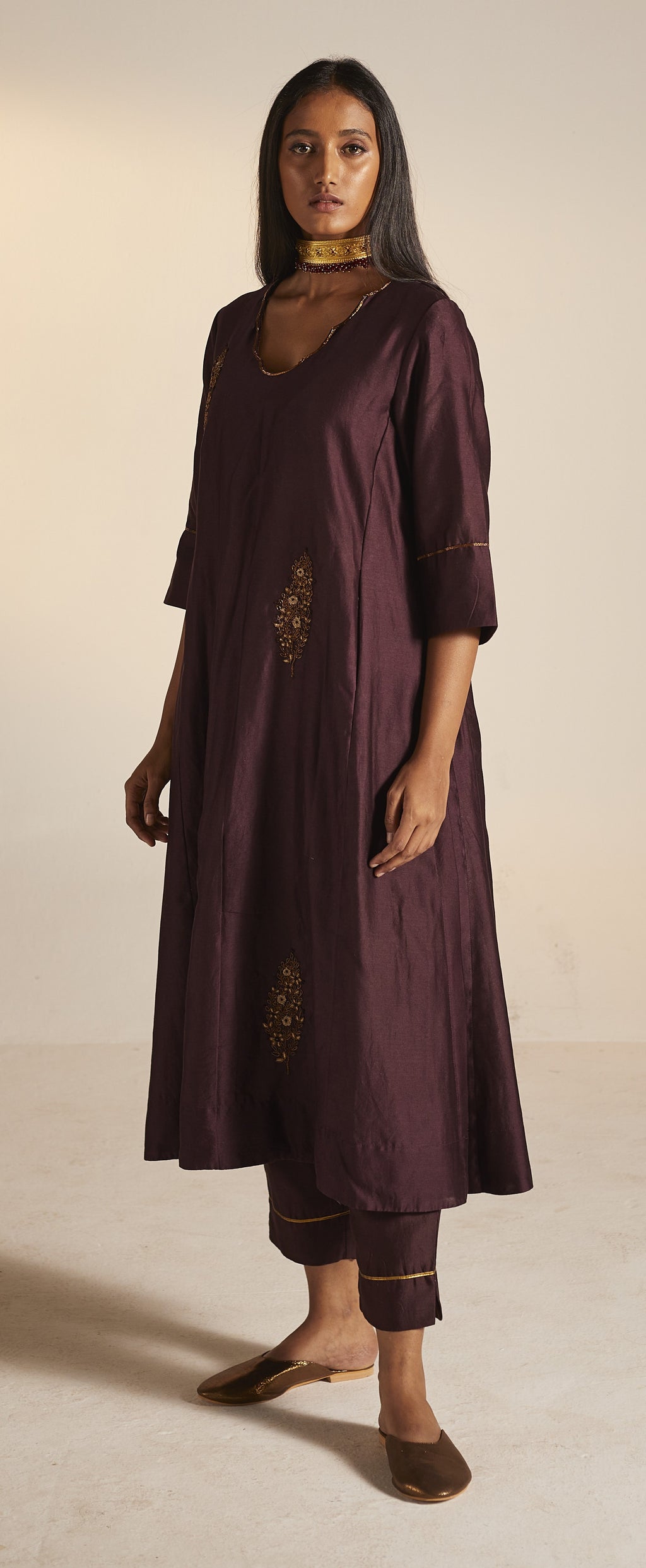 Tannu Kurta in Wine Chanderi with Pants