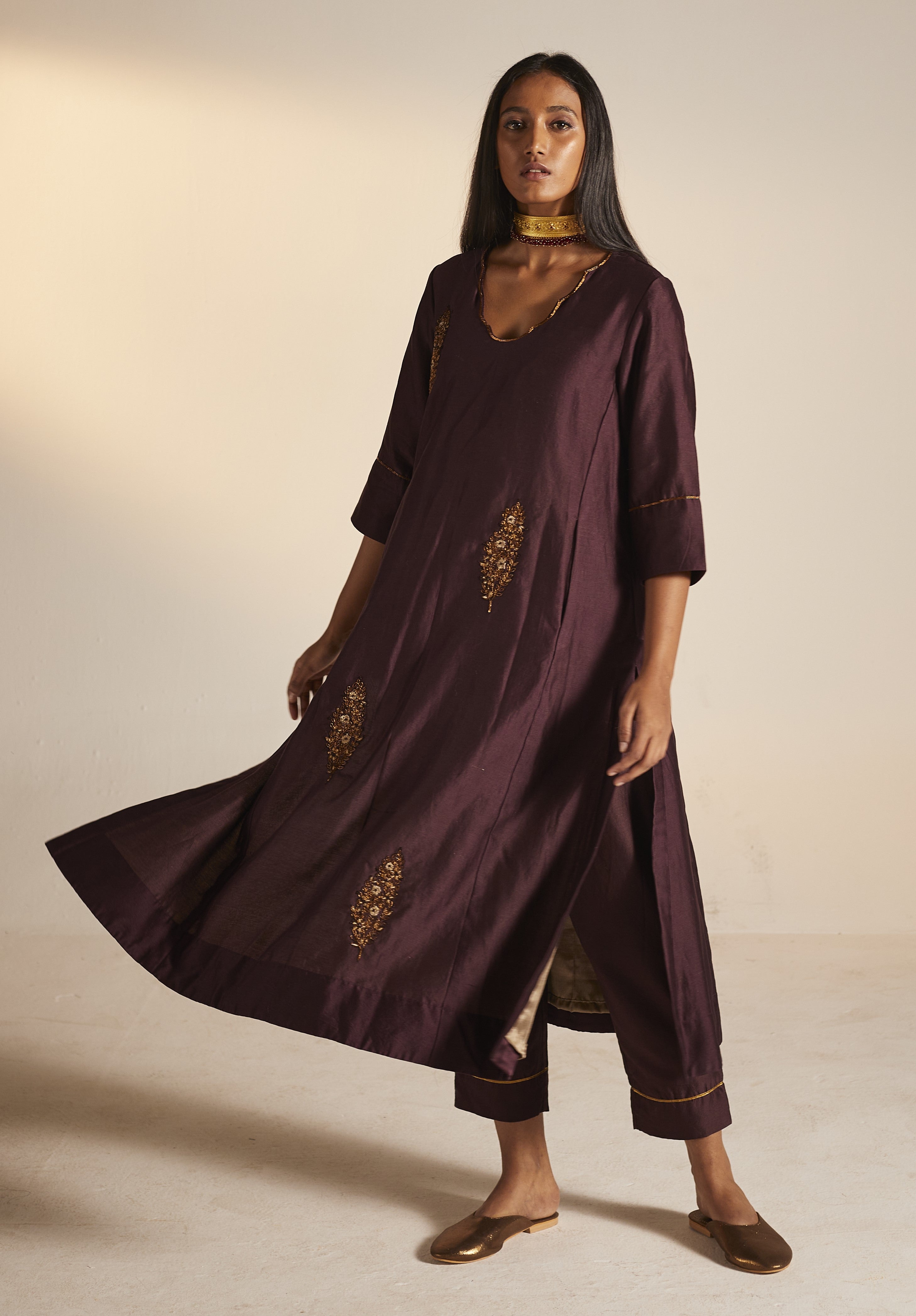 Tannu Kurta in Wine Chanderi with Pants