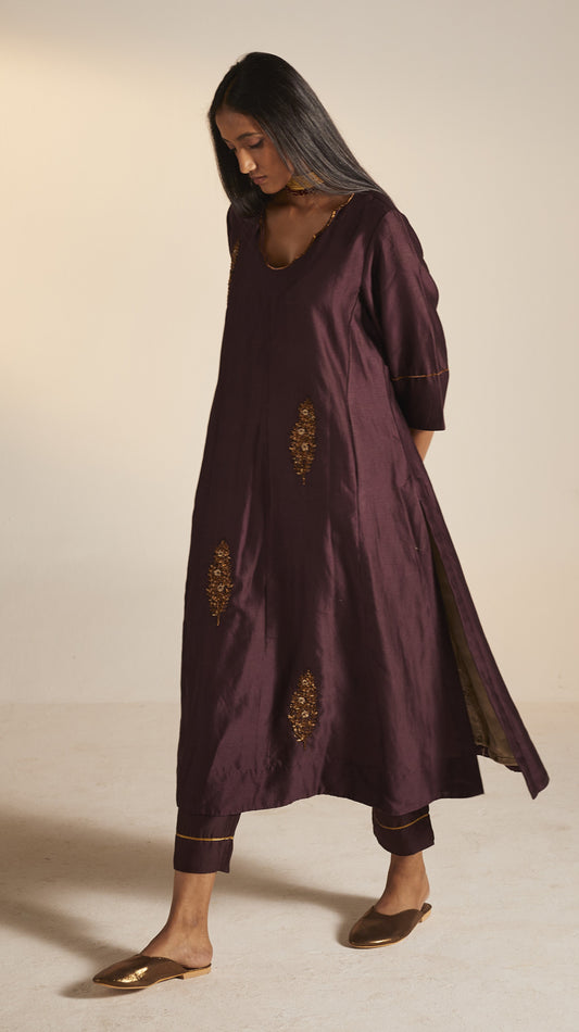 Tannu Kurta in Wine Chanderi with Pants