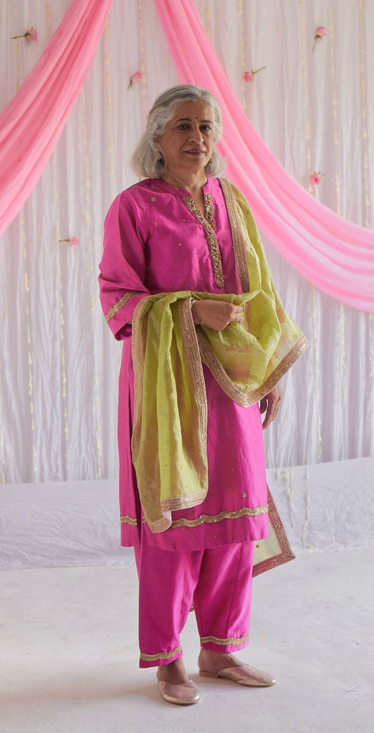 Chitkan Kurta in Jaipur Fuchsia Pink Chanderi with Shalwar and Dupatta