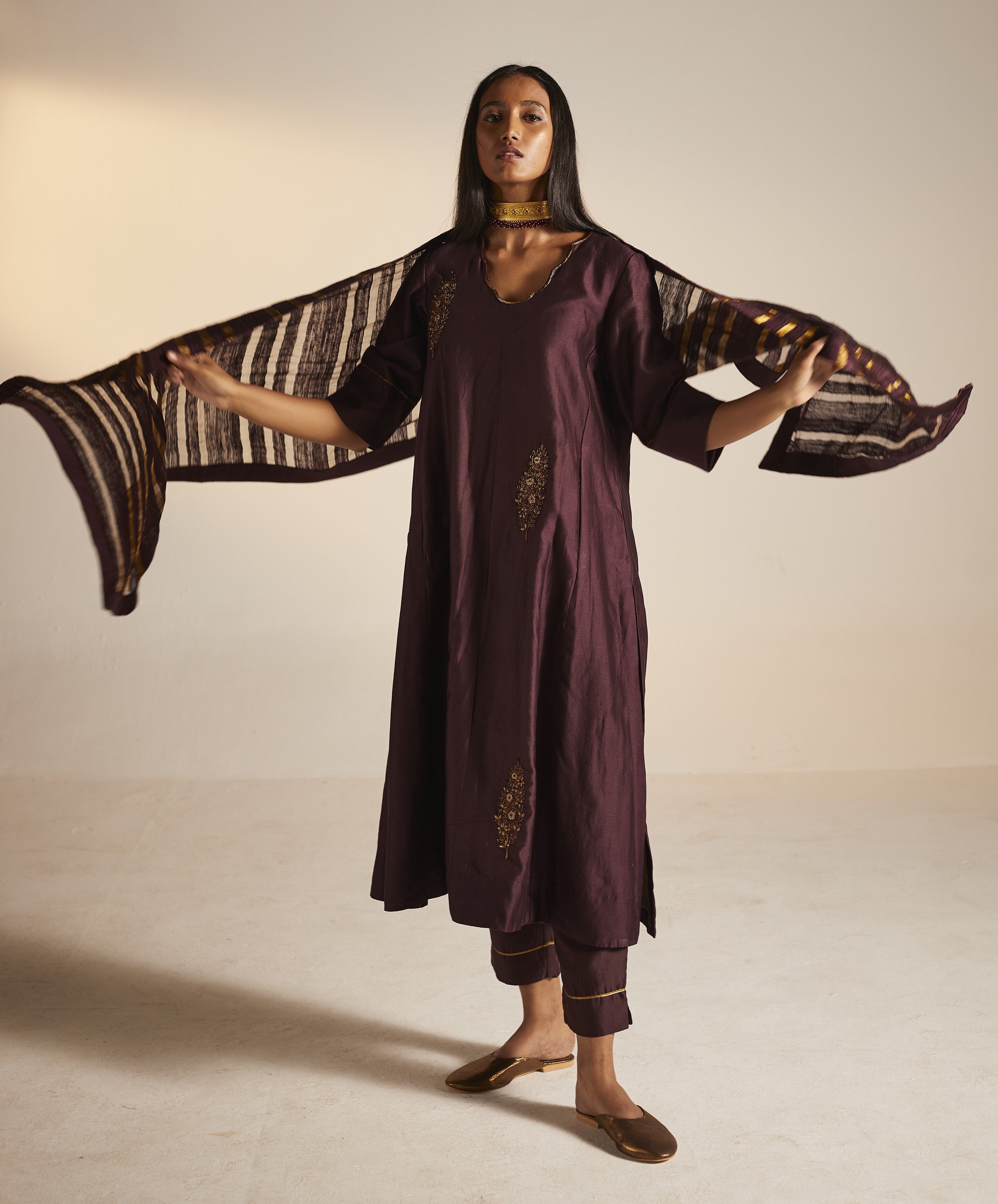 Tannu Kurta in Wine Chanderi with Pants