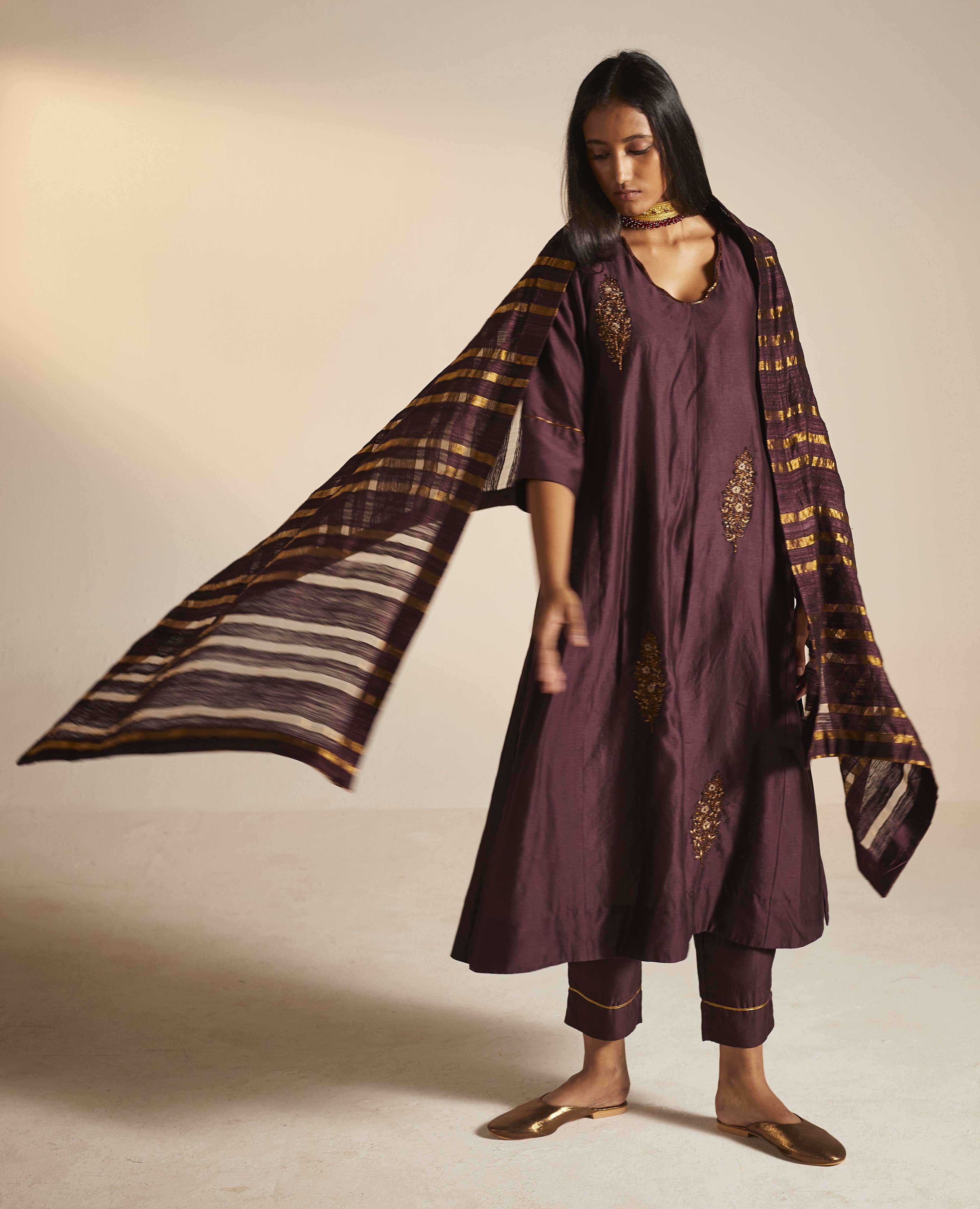 Dupatta in Wine pure Silk and Zari stripes