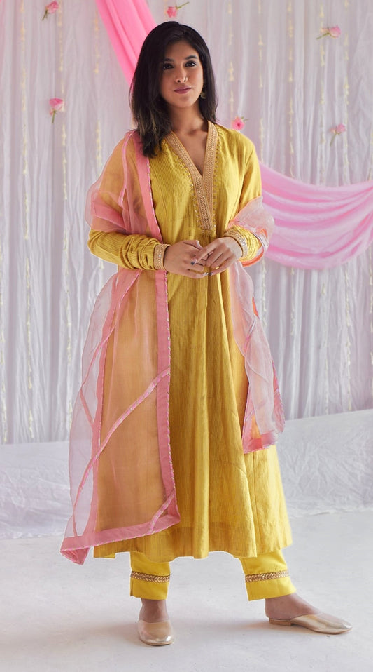 Sashiko in Marigold Yellow Stripe Print Chanderi with Pants.