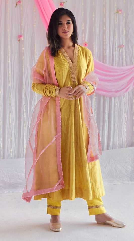 Sashiko in Marigold Yellow Stripe Print Chanderi with Pants and Dupatta