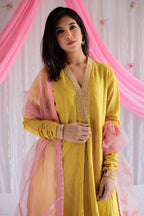 Sashiko in Marigold Yellow Stripe Print Chanderi with Pants.