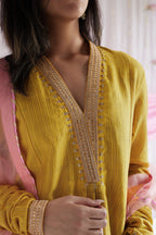 Sashiko in Marigold Yellow Stripe Print Chanderi with Pants.