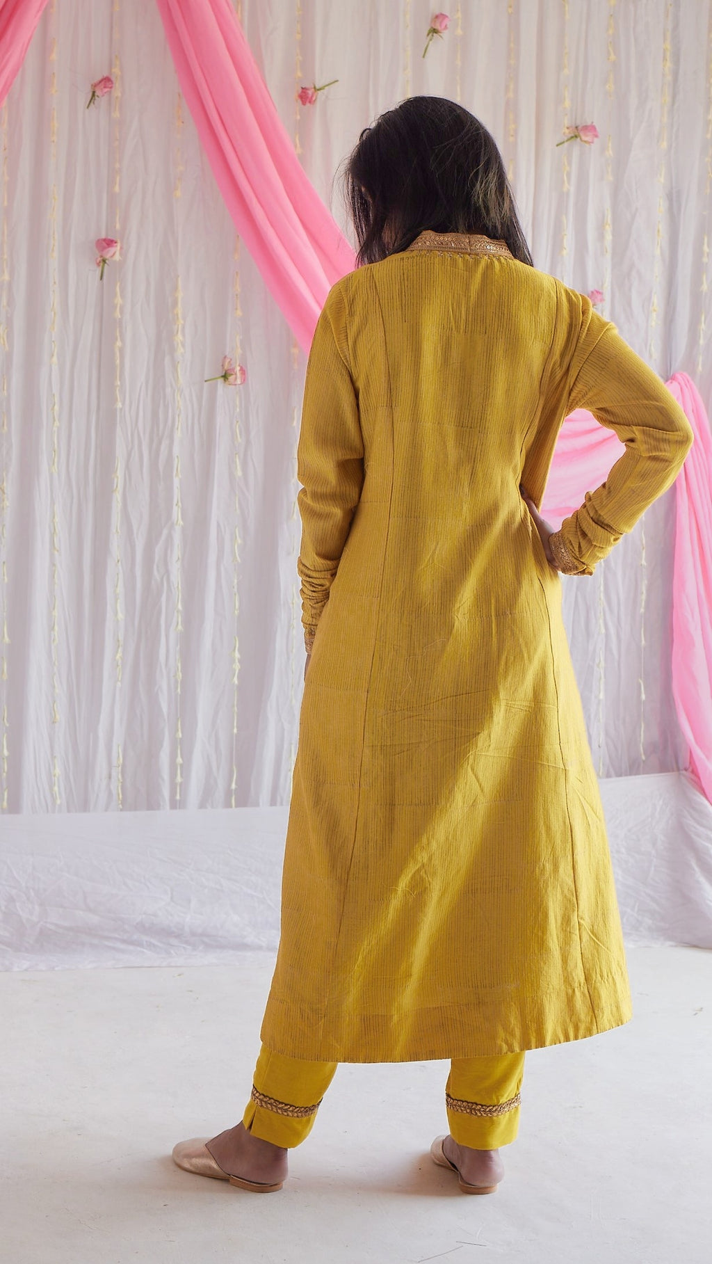 Sashiko in Marigold Yellow Stripe Print Chanderi with Pants.