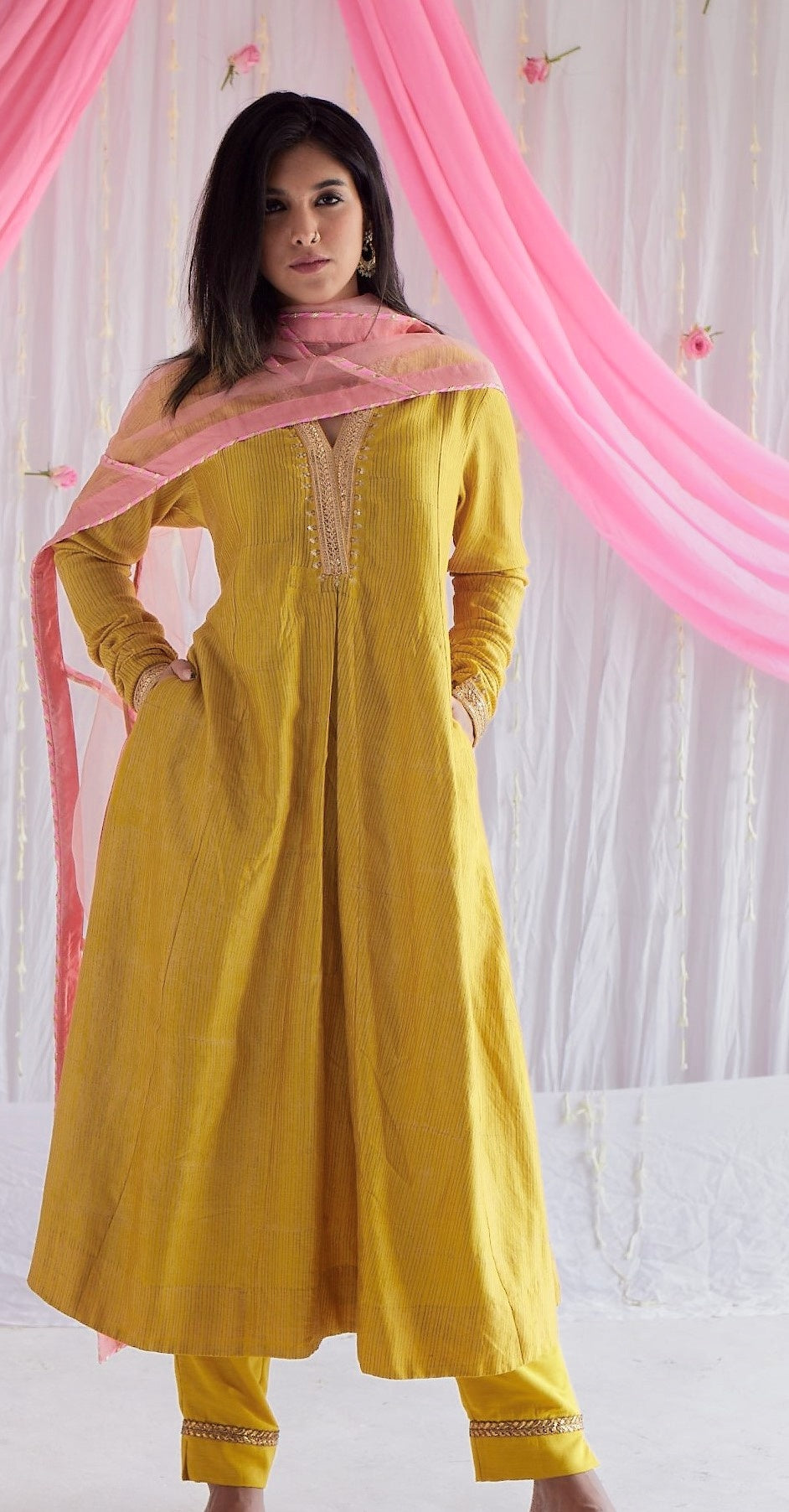 Sashiko in Marigold Yellow Stripe Print Chanderi with Pants.