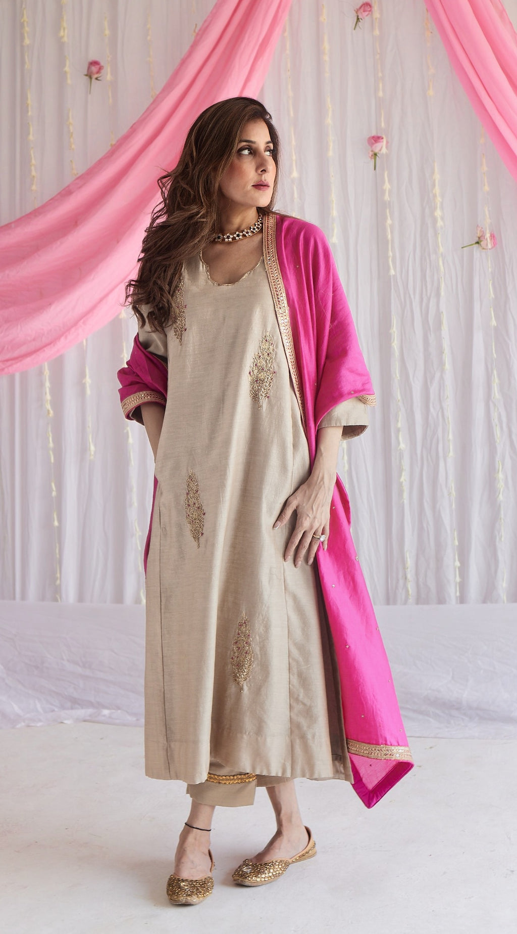 Tannu Kurta in Pearl Beige Chanderi with Pants.