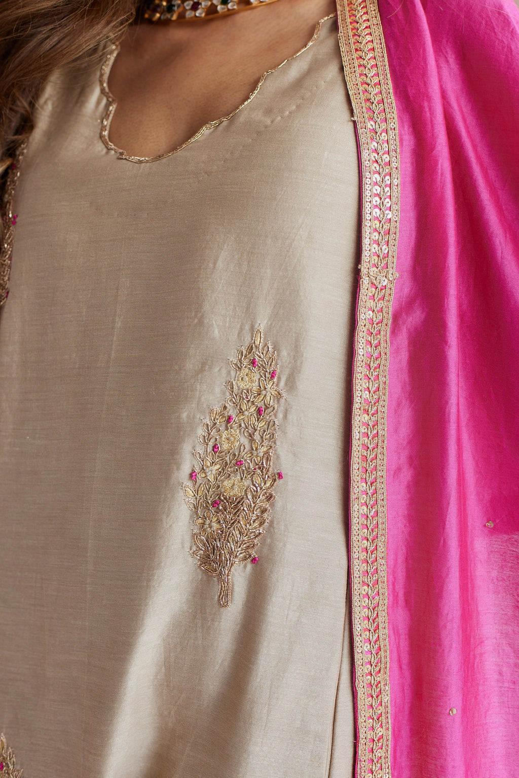 Tannu Kurta in Pearl Beige Chanderi with Pants.