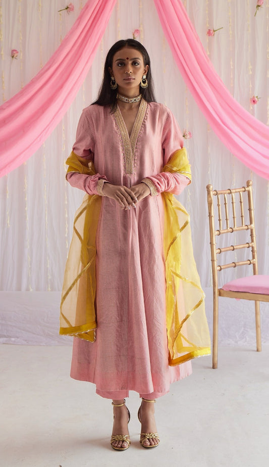 Sashiko in Gulab Pink Stripe Print Chanderi with Pants.