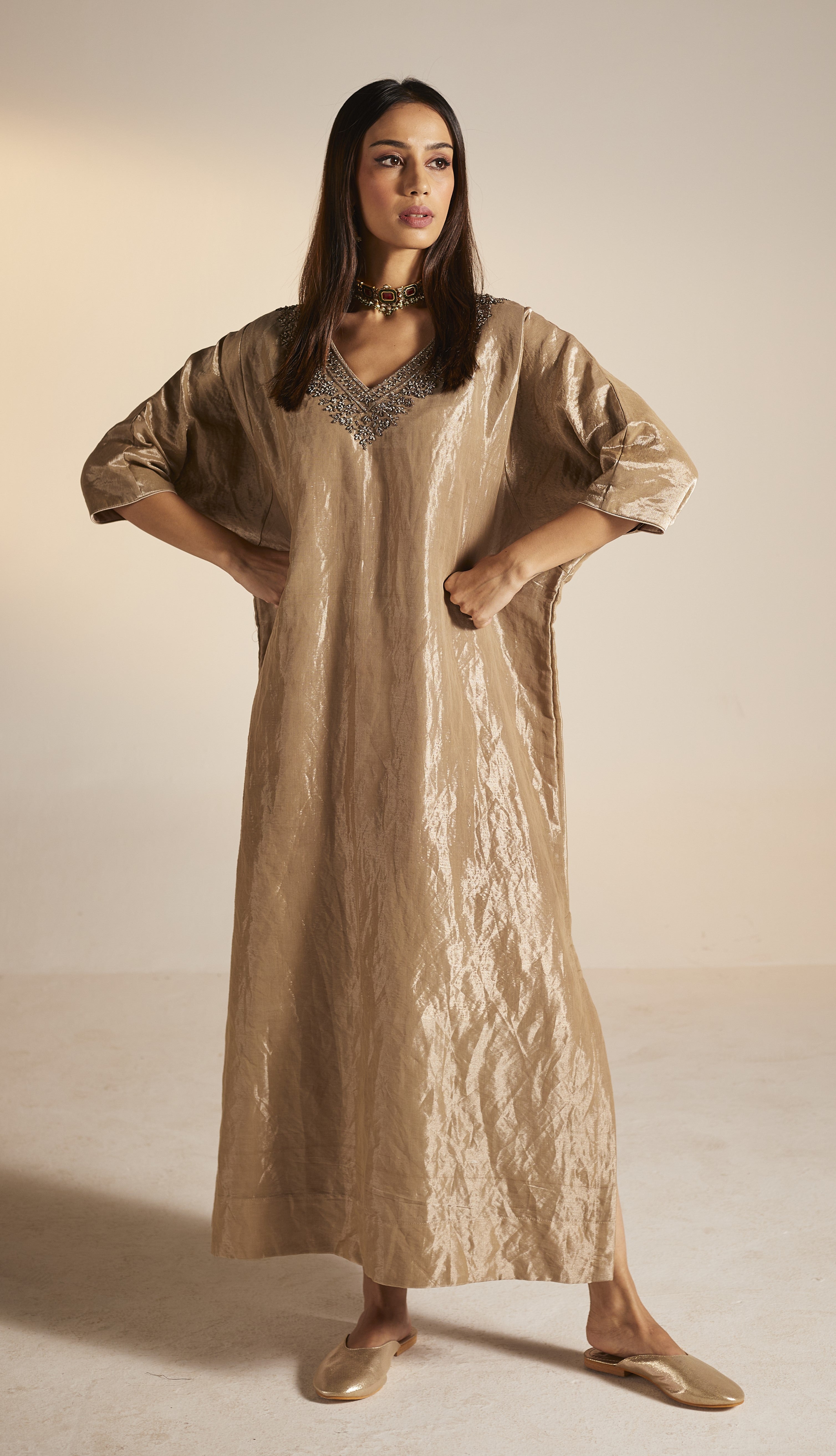 Shahi Kaftan in Champagne Grey Tissue