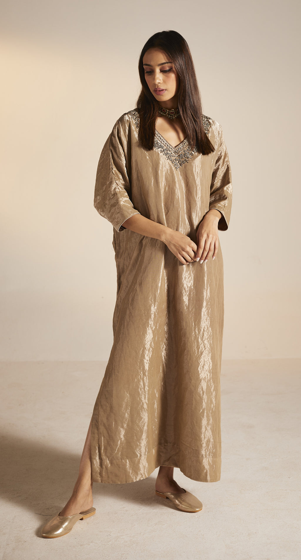 Shahi Kaftan in Champagne Grey Tissue