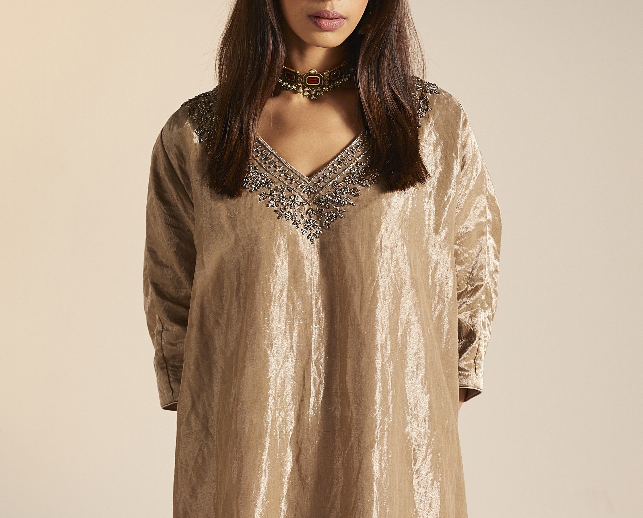 Shahi Kaftan in Champagne Grey Tissue