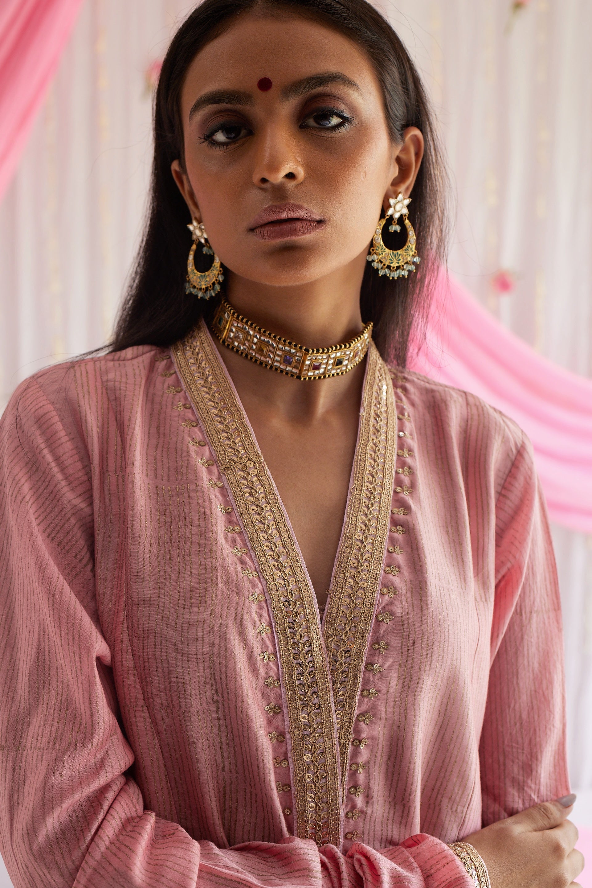 Sashiko in Gulab Pink Stripe Print Chanderi with Pants.