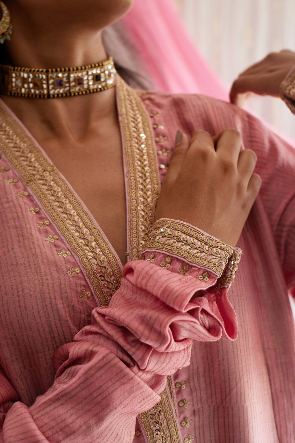Sashiko in Gulab Pink Stripe Print Chanderi with Pants.
