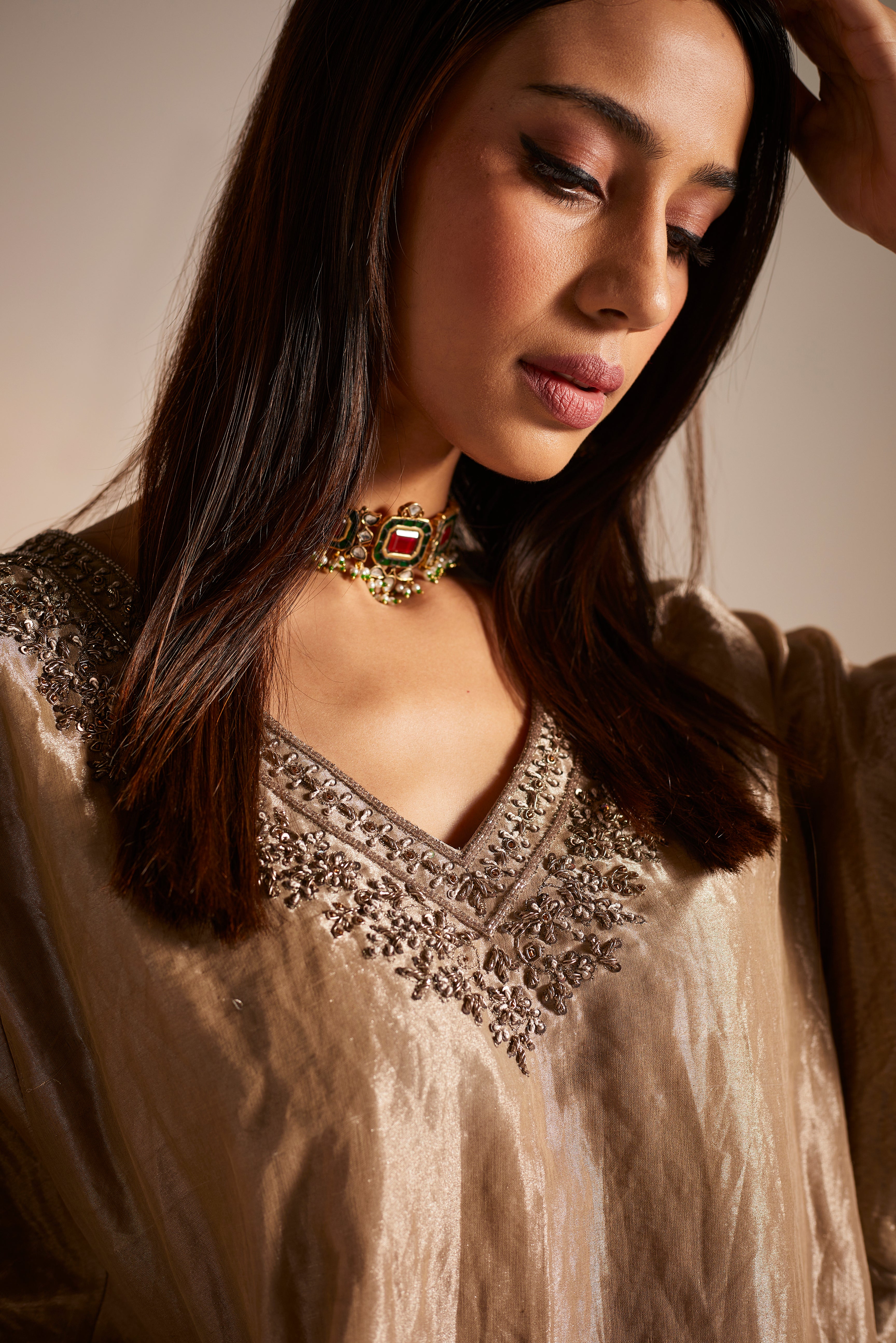 Shahi Kaftan in Champagne Grey Tissue