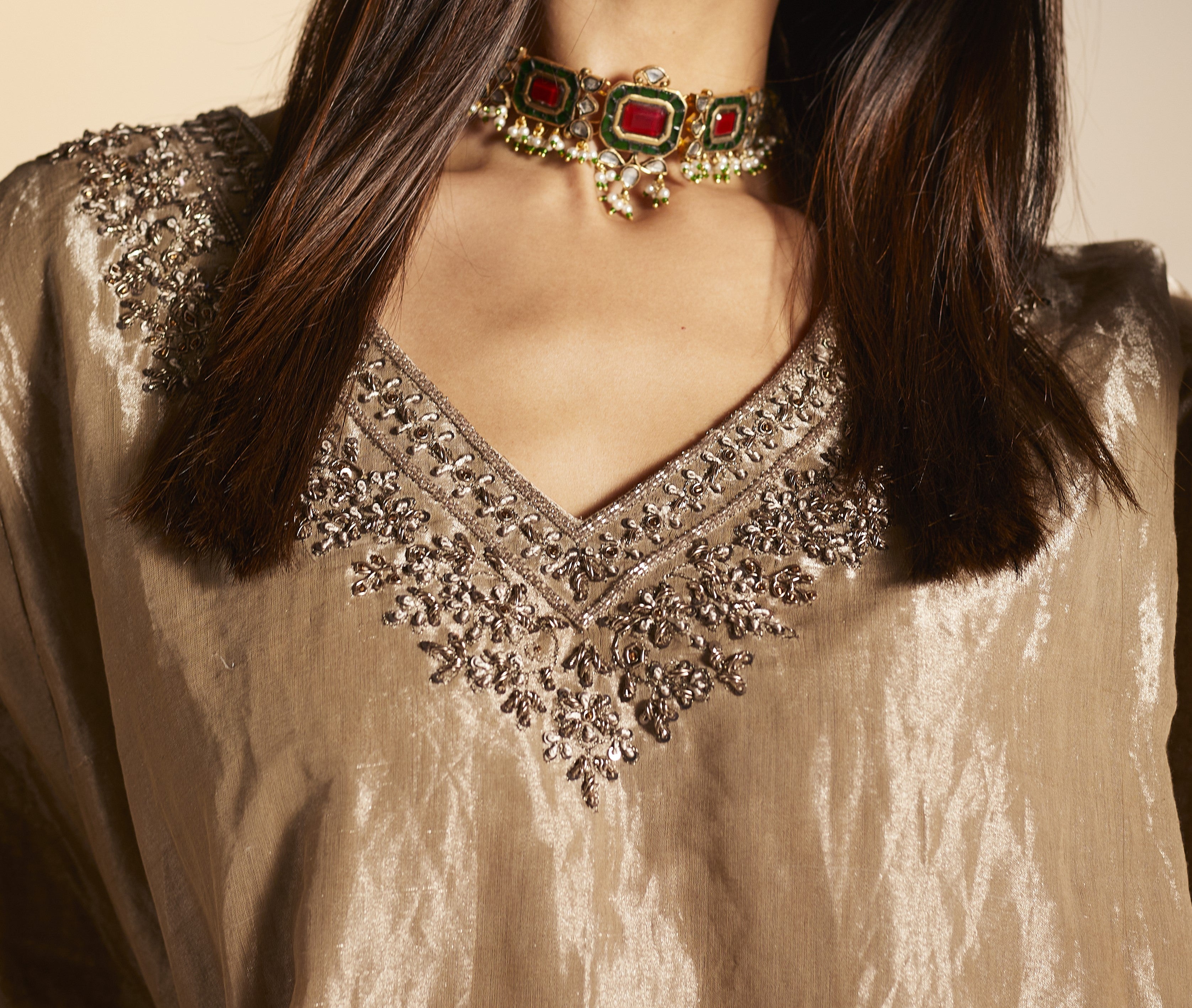 Shahi Kaftan in Champagne Grey Tissue