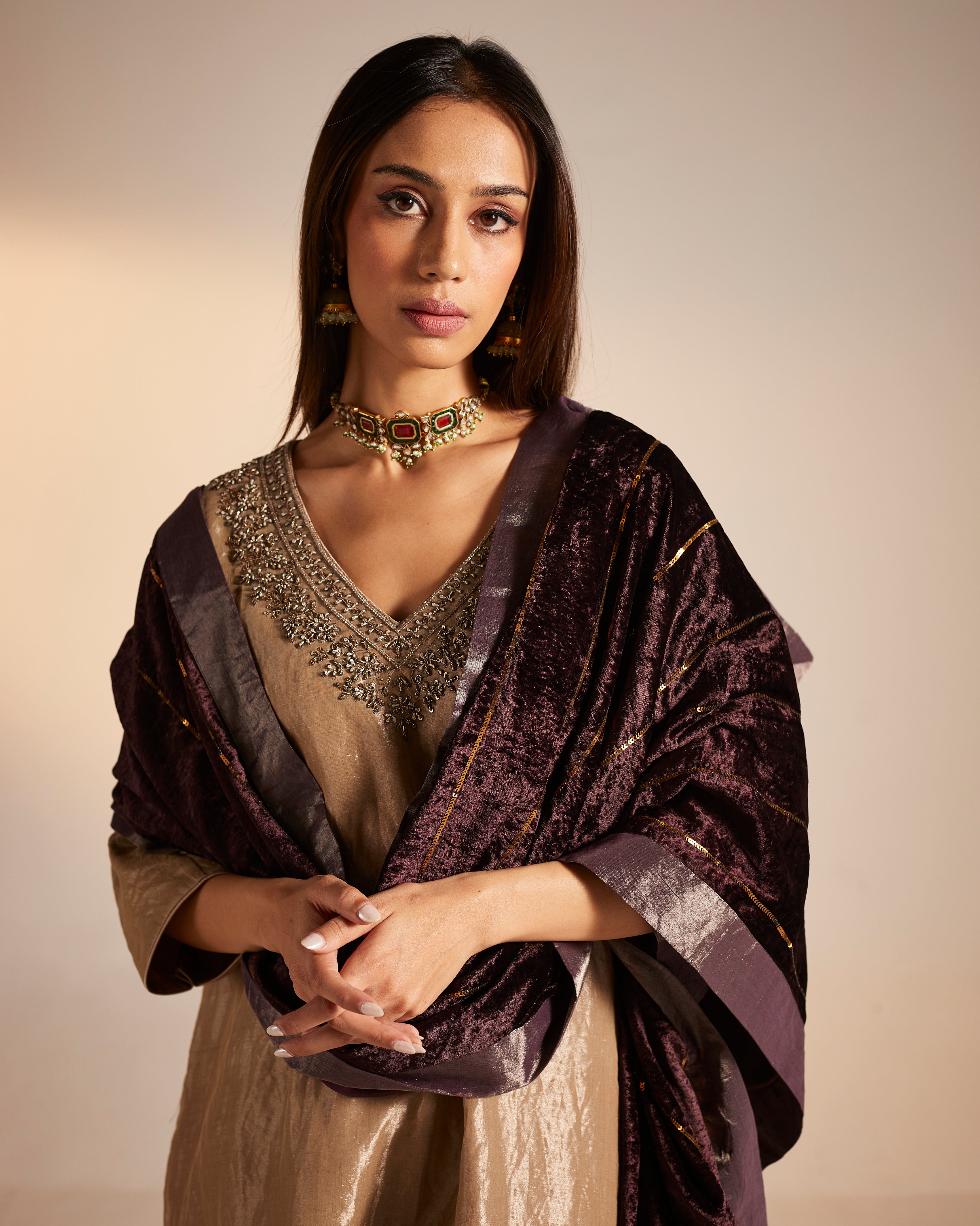 Shahi Kaftan in Champagne Grey Tissue