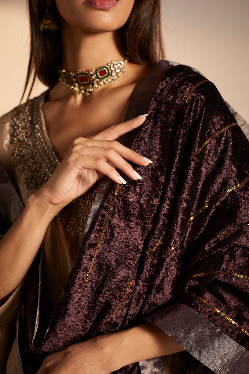 Dupatta in embroidered Wine Velvet