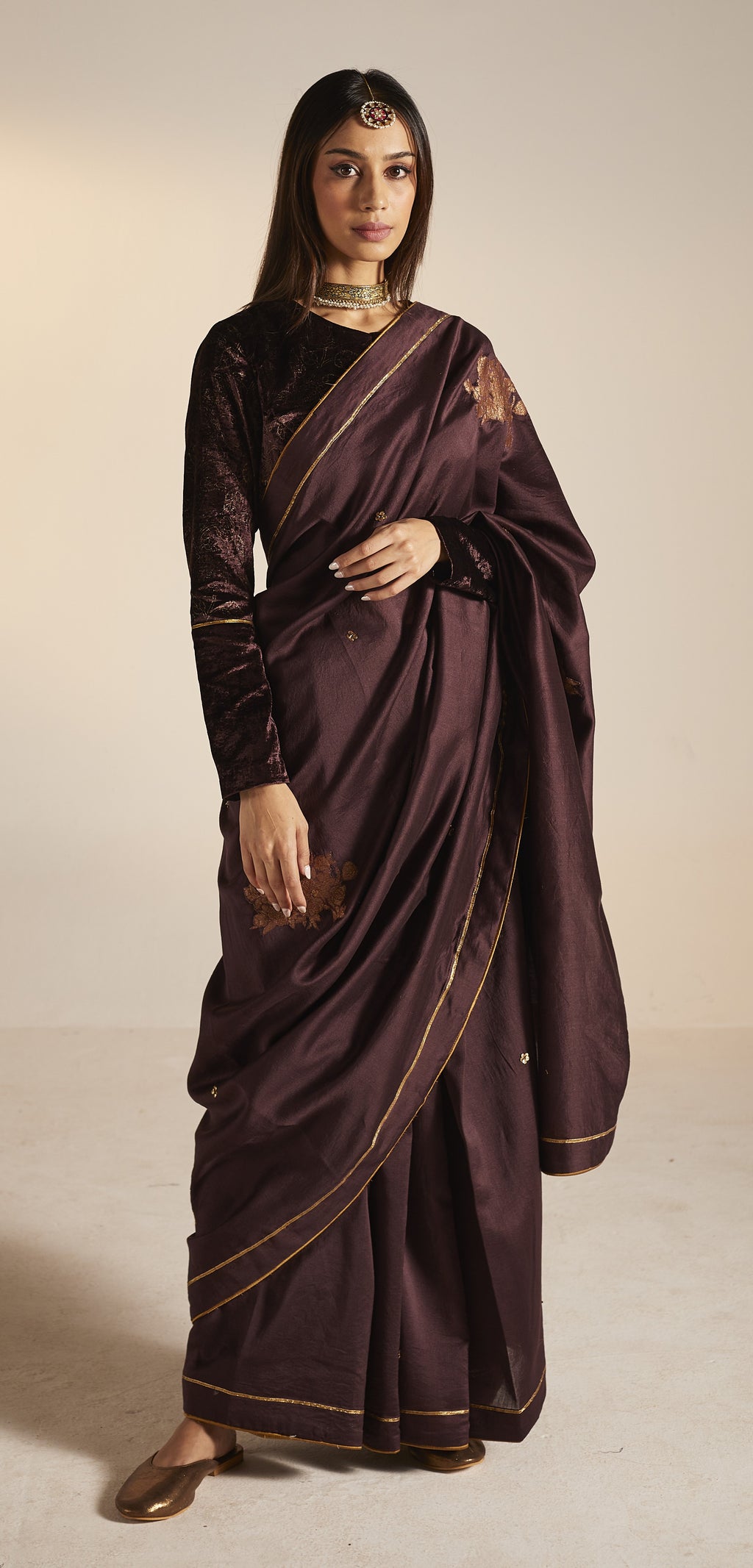 Sari in Wine Banarasi Patchwork Chanderi