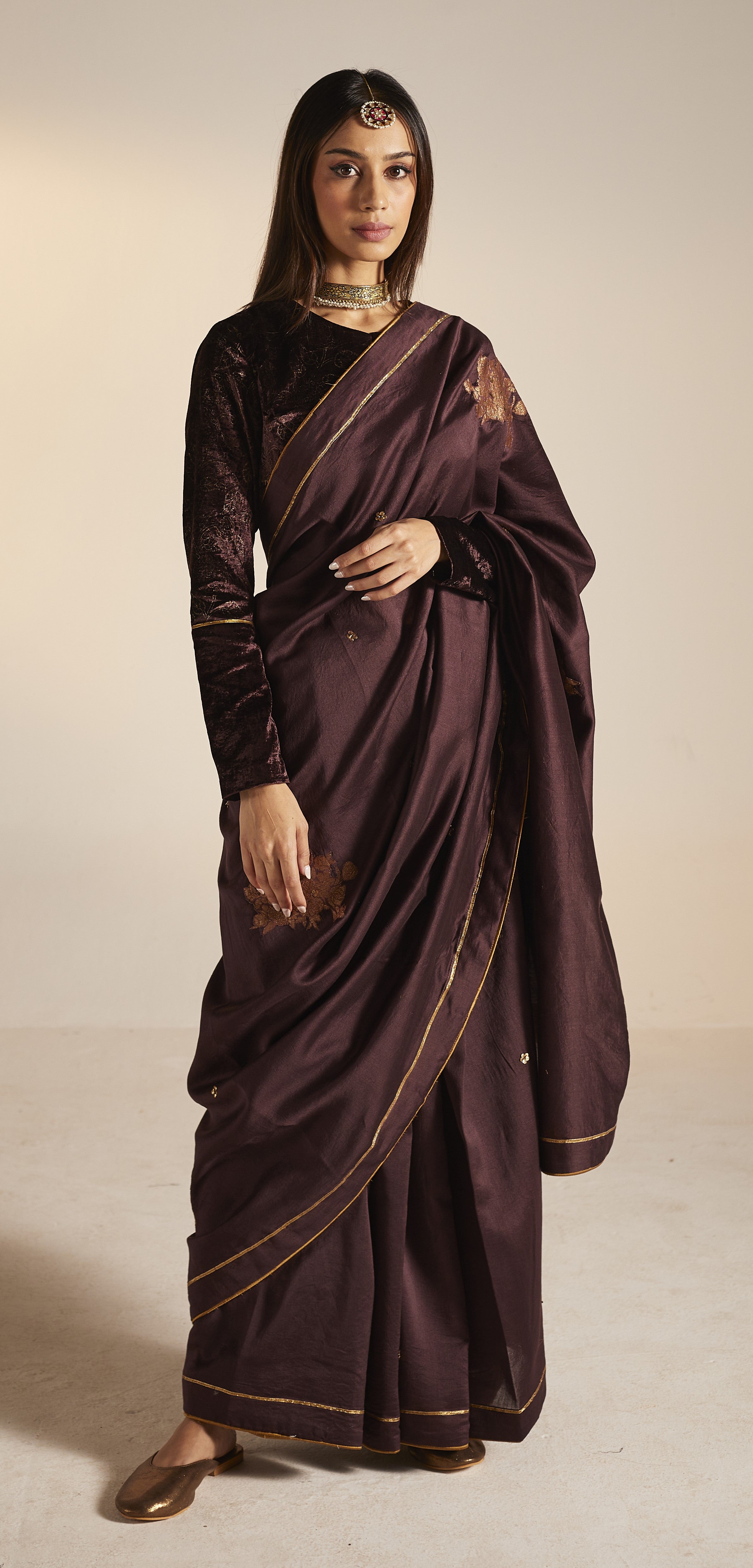 Sari in Wine Banarasi Patchwork Chanderi