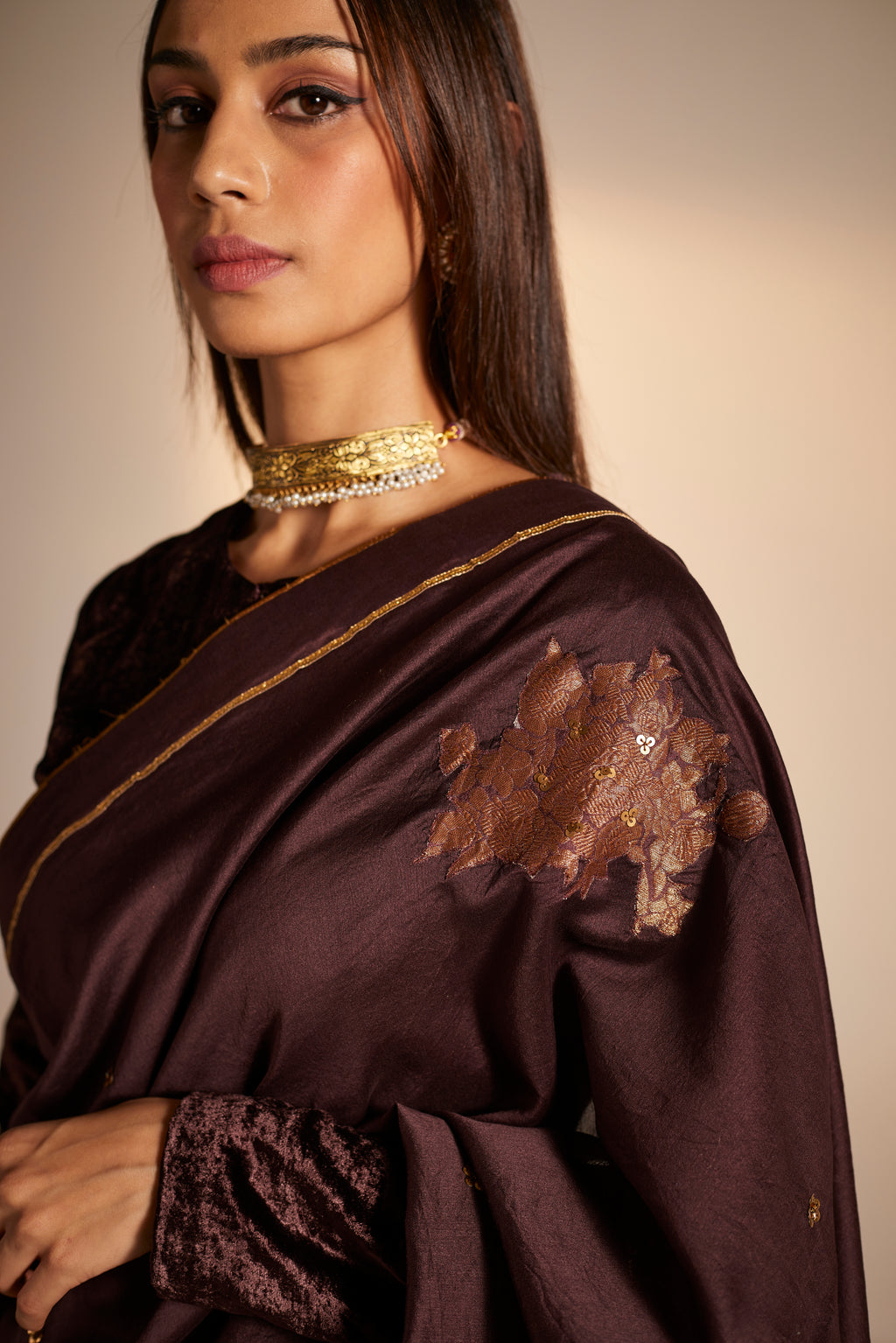 Sari in Wine Banarasi Patchwork Chanderi