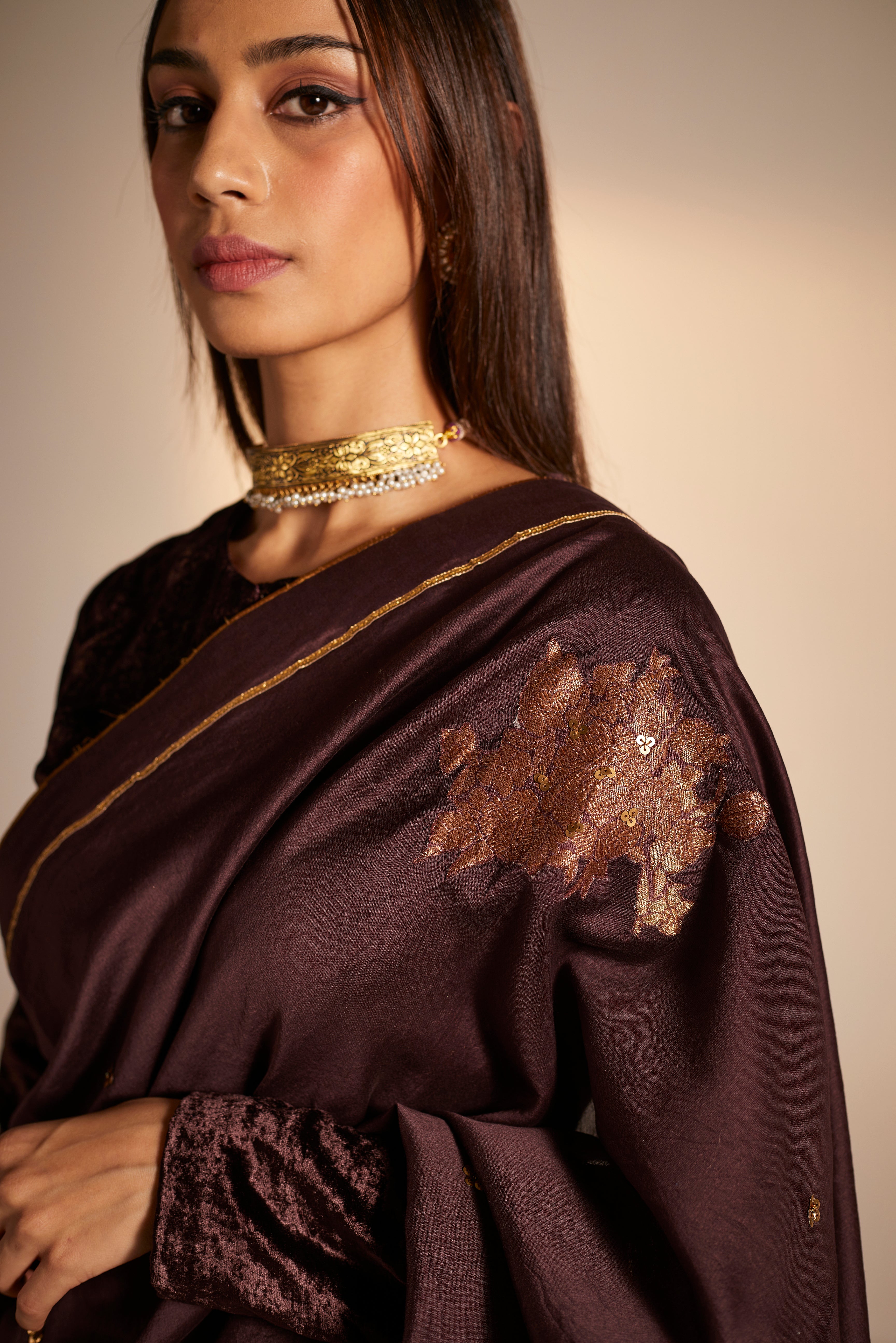 Sari in Wine Banarasi Patchwork Chanderi