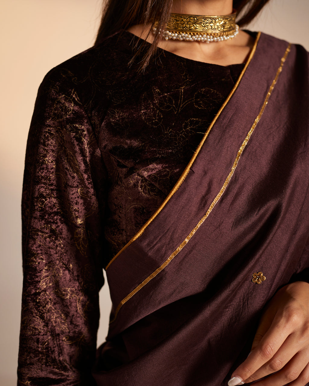 Sari in Wine Banarasi Patchwork Chanderi