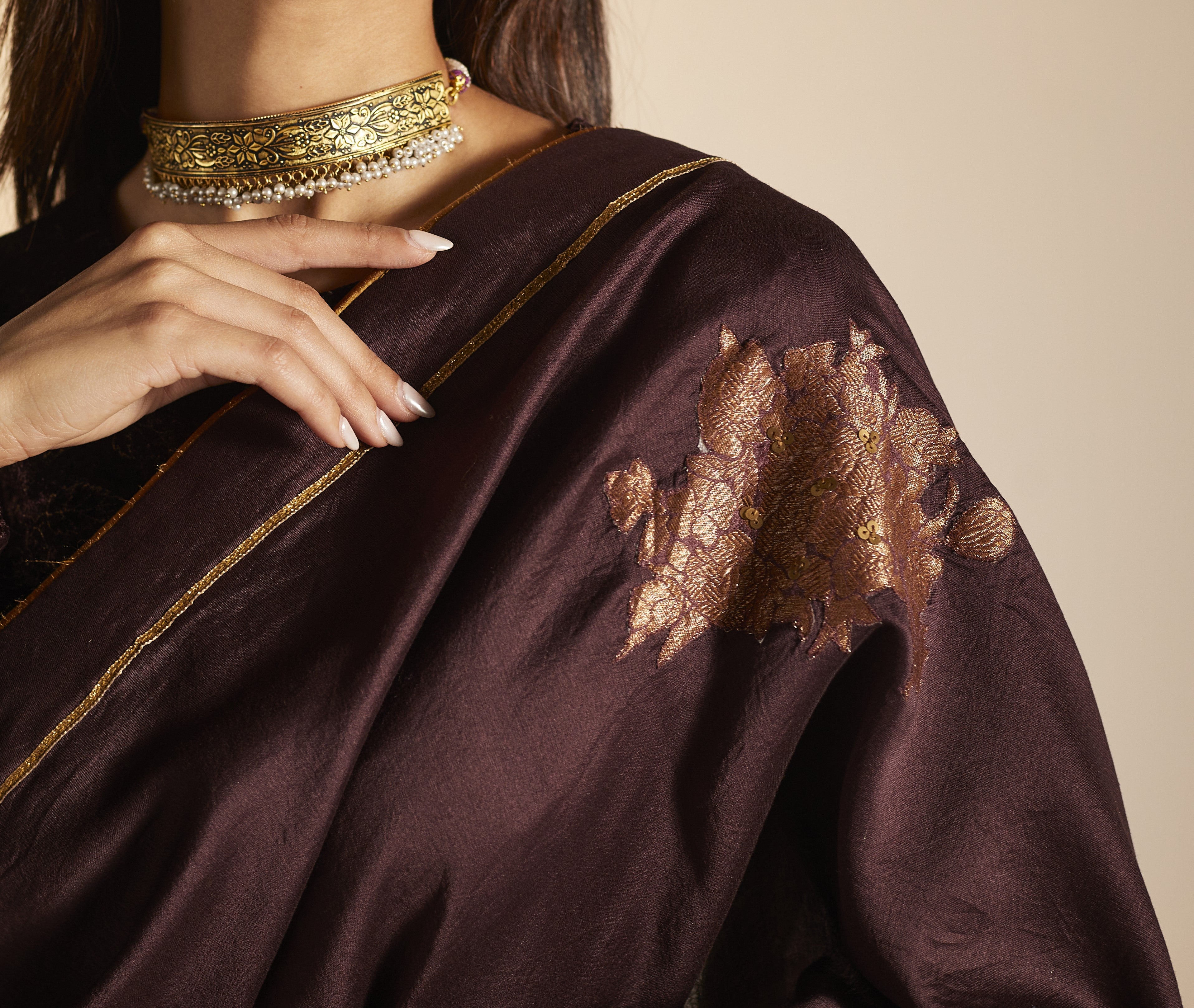 Sari in Wine Banarasi Patchwork Chanderi