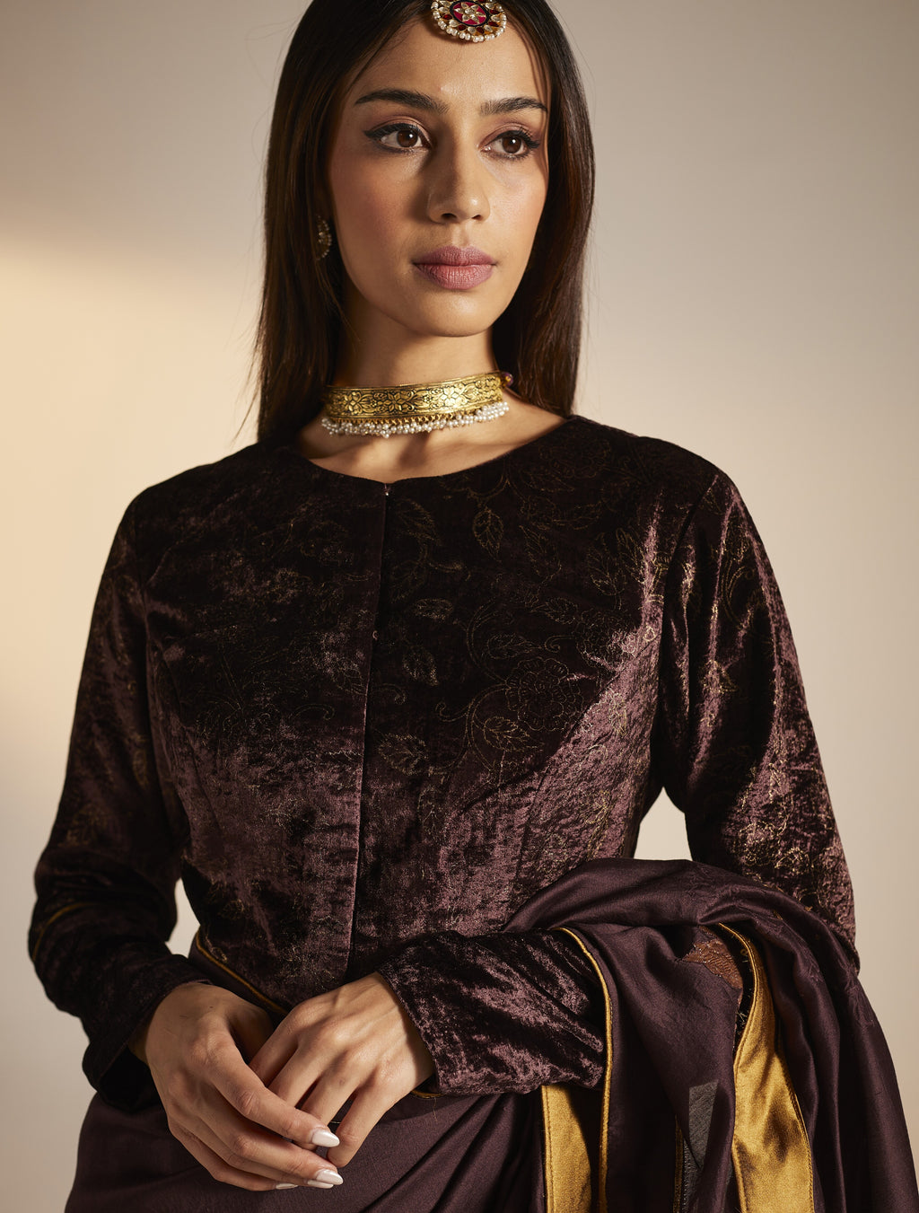 Sari in Wine Banarasi Patchwork Chanderi