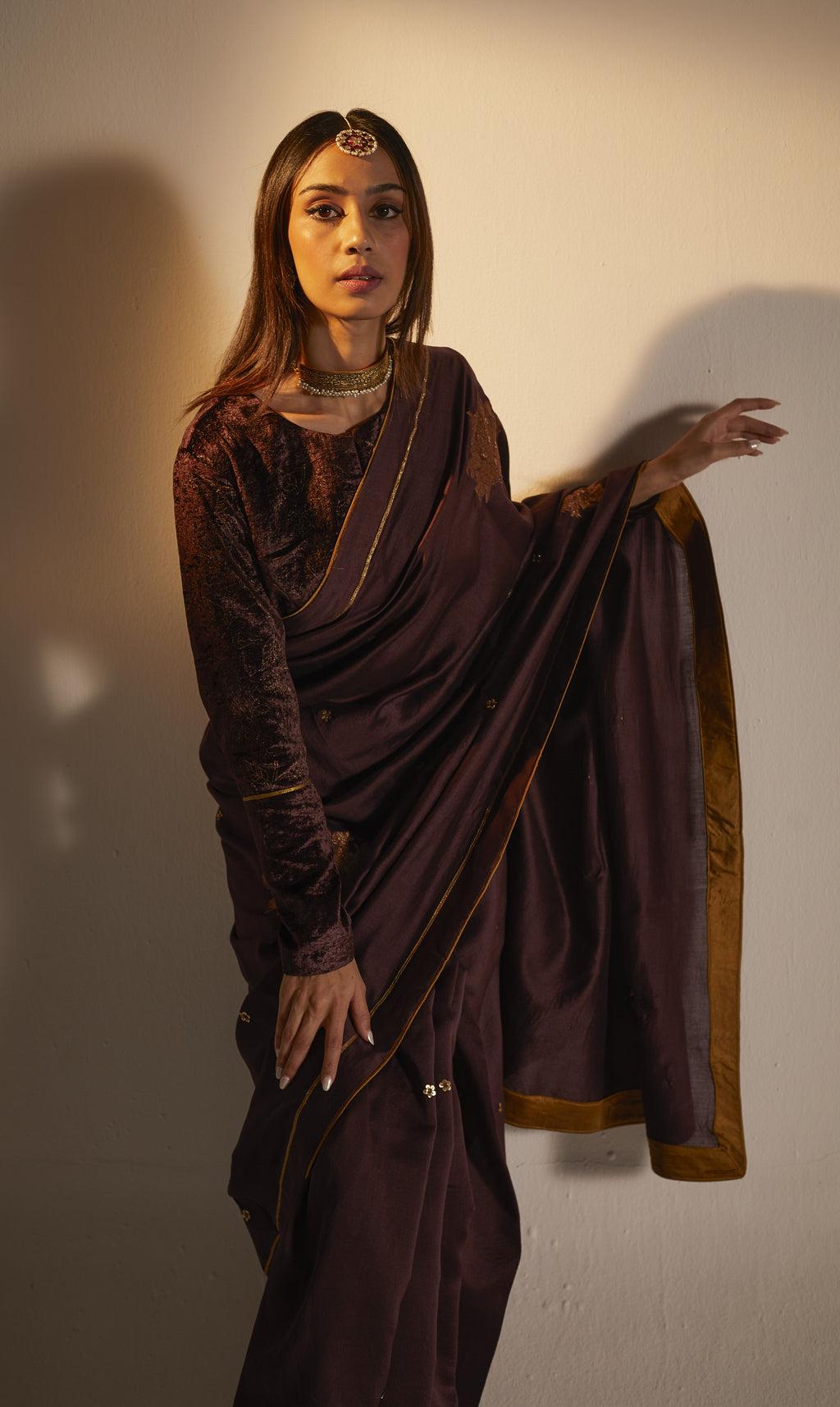 Sari in Wine Banarasi Patchwork Chanderi