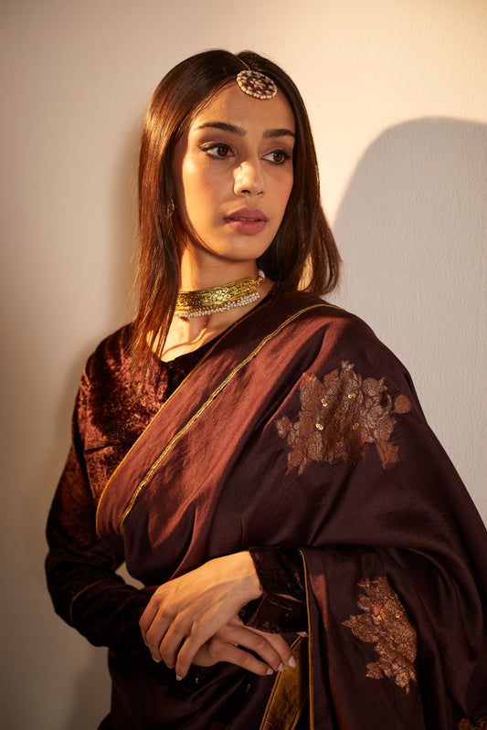 Sari in Wine Banarasi Patchwork Chanderi