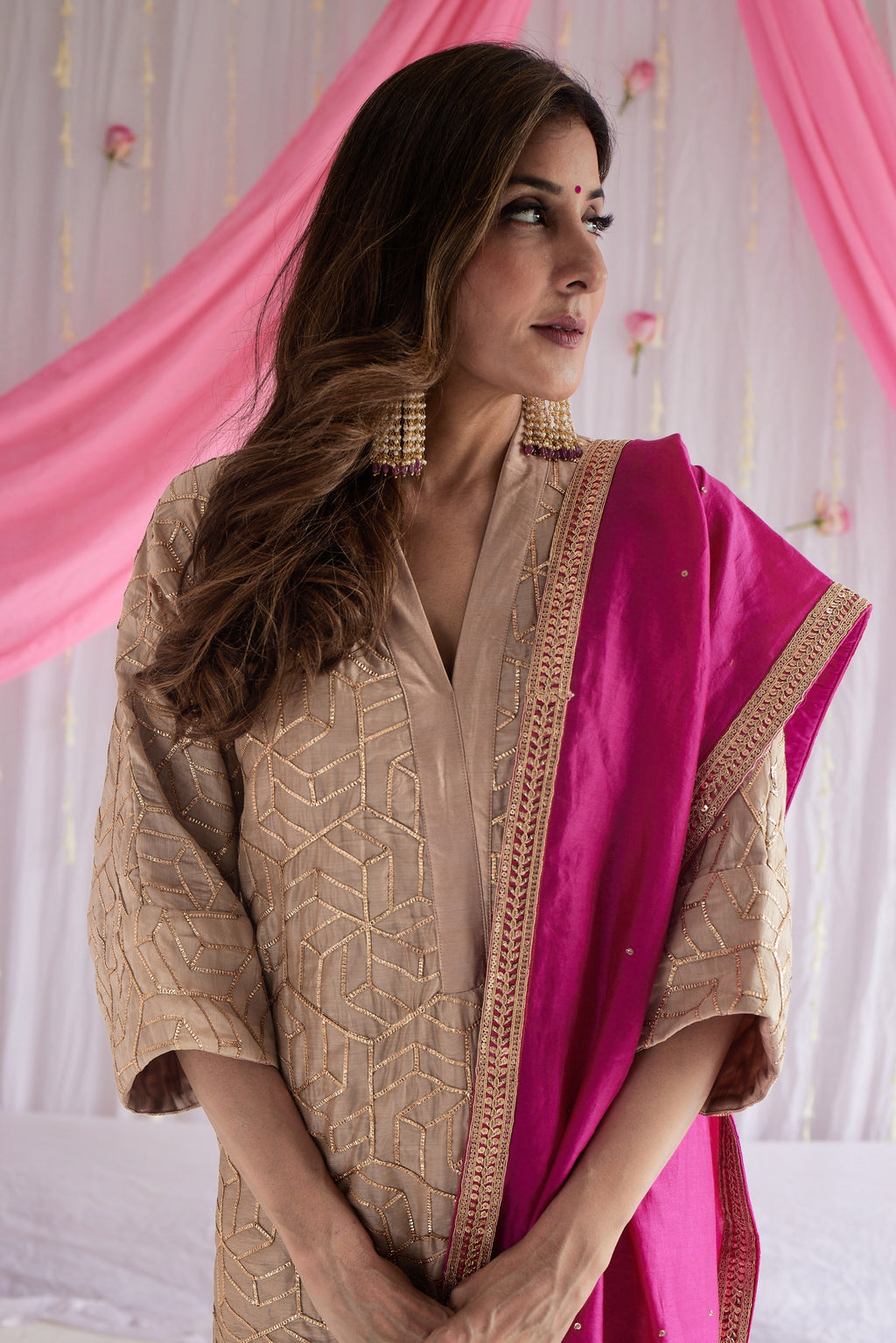 Kaftan in Pearl Beige Octa Gota Chanderi with Pants
