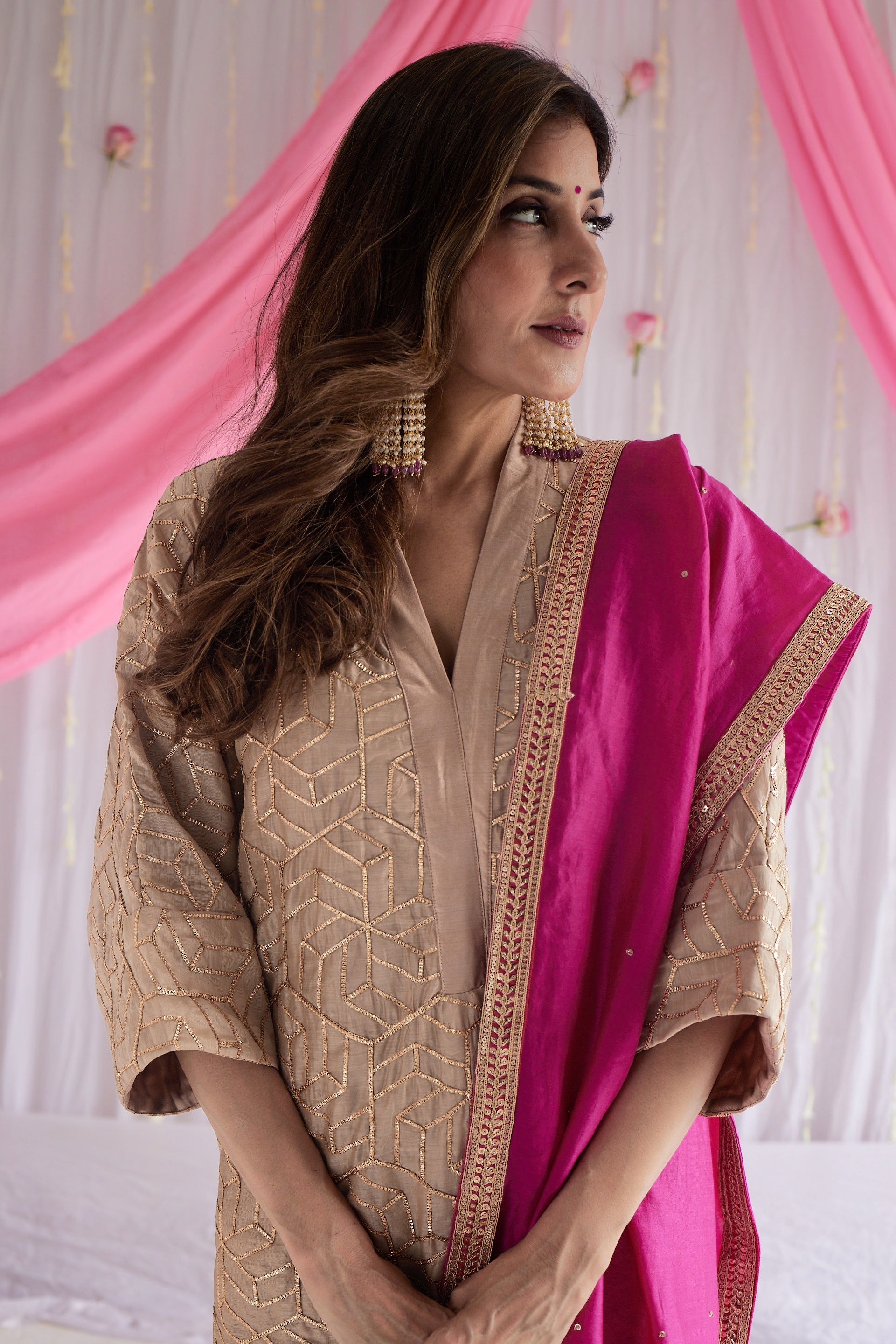Kaftan in Pearl Beige Octa Gota Chanderi with Pants