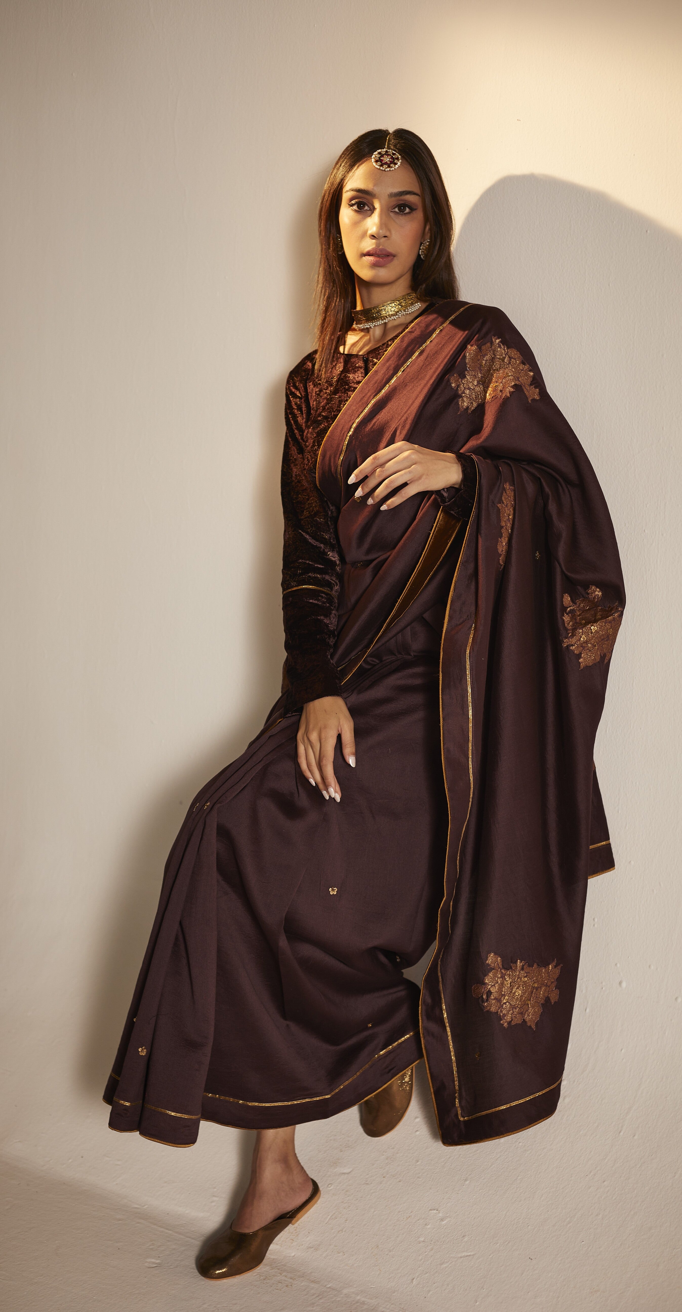 Sari in Wine Banarasi Patchwork Chanderi
